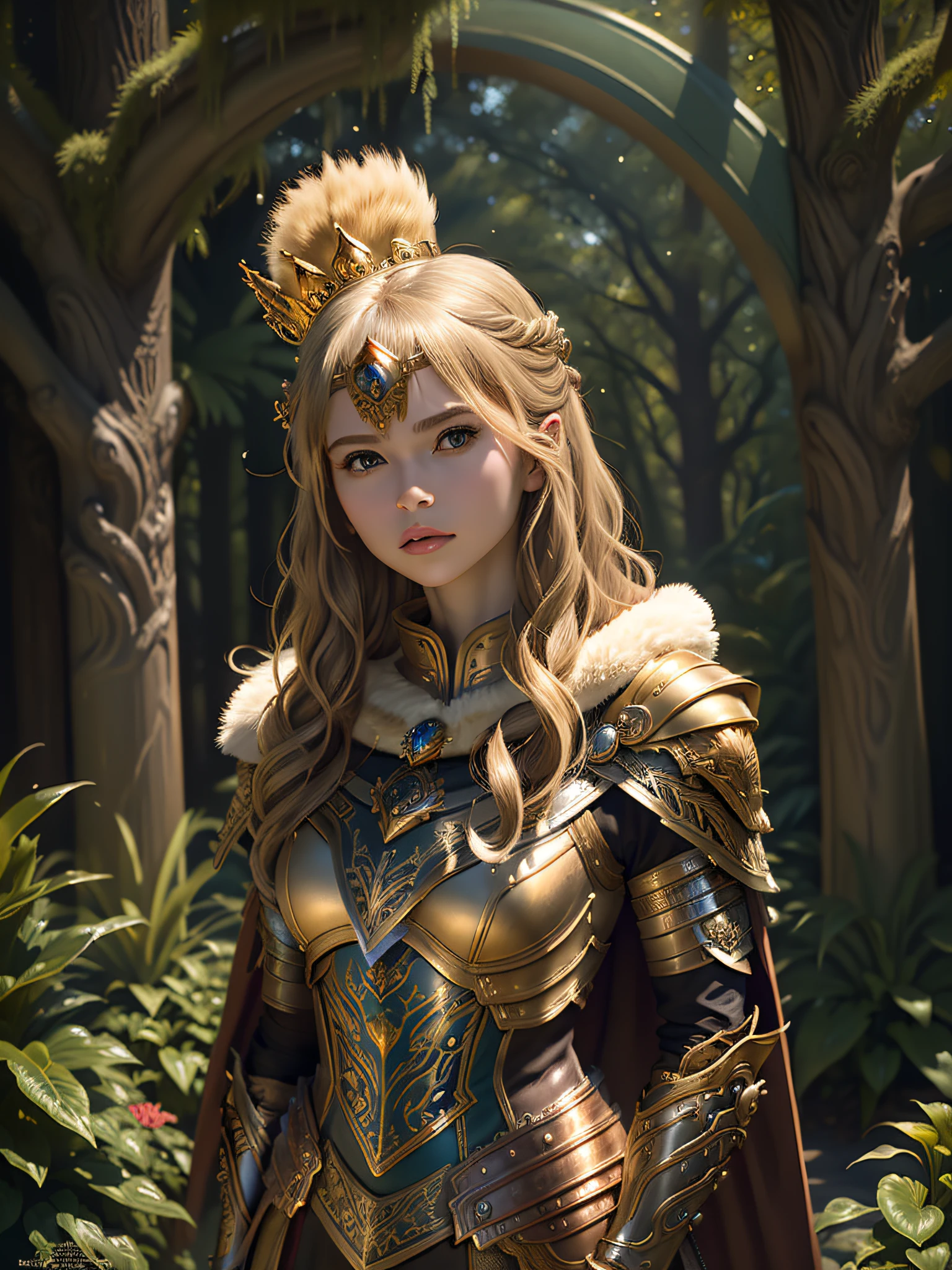 (Masterpiece, Top Quality, Top Quality, Official Art, Beautiful and Aesthetic: 1.2), (1 Girl), (Warrior Queen Golden Armor, Fur-Lined Cape, Bejeweled Crown: 1.2), Serious, Blonde, Colossal, Ultimate Jewel, 100 Pieces, Gorgeous, Photo