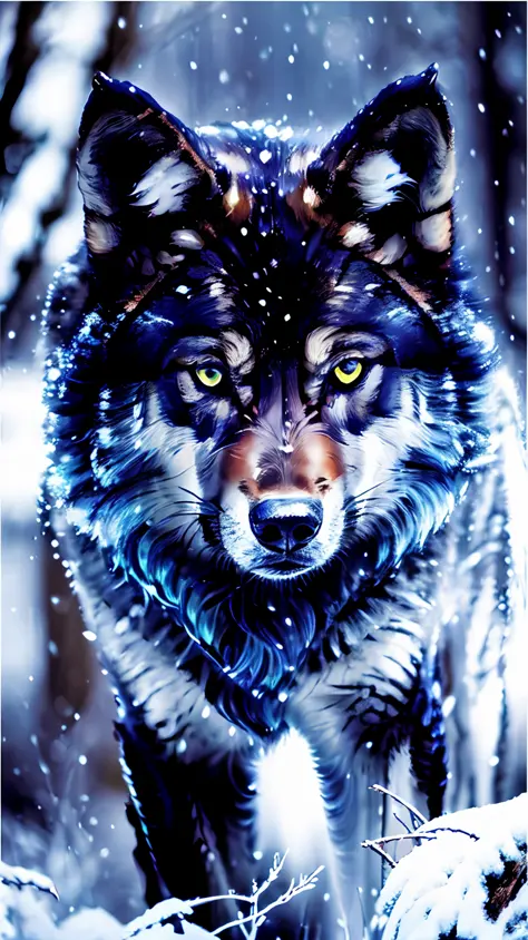 Blue-eyed black wolf, veroz, hunting, dangerous forest, (detailed high resolution image), 1 angry, fearless wolf.