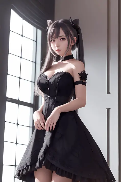 a woman in a black dress and stockings posing in front of a window, seductive anime girl, cute anime waifu in a nice dress, loli...