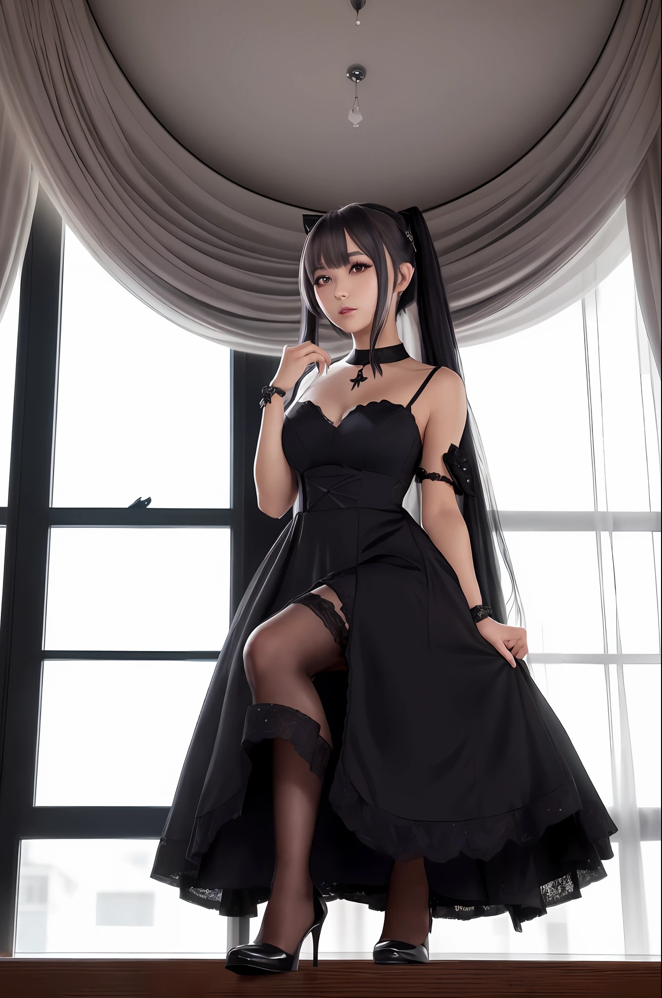 a woman in a black dress and stockings posing in front of a window, seductive anime girl, cute anime waifu in a nice dress, loli in dress, beautiful alluring anime woman, fine details. girls frontline, anime girl wearing a black dress, anime moe artstyle, noire, marin kitagawa fanart, [ 4 k digital art ]!!