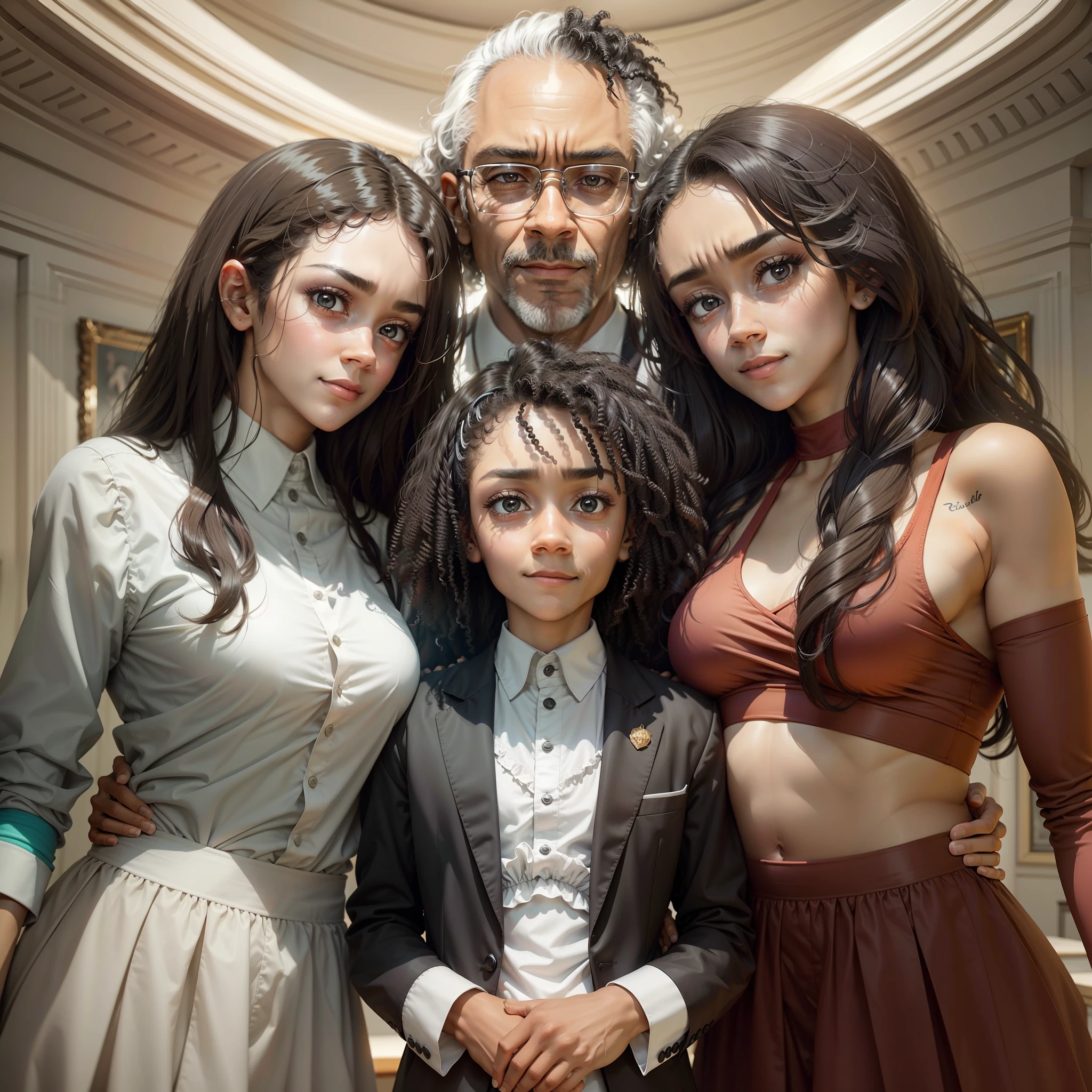 Father surrounded by his two daughters in a ballroom, the father is black black bald 50 years old in a skinny blazer and athletic build, two black daughters of lighter tone, one is 15 years old and the other 22 years old, they are at the 15th birthday party of the youngest, he is with serious look staring at the camera,  They're smiling. They hug their father one on each side. The oldest has straight hair and the youngest curly hair. Close, centered, high-quality image.