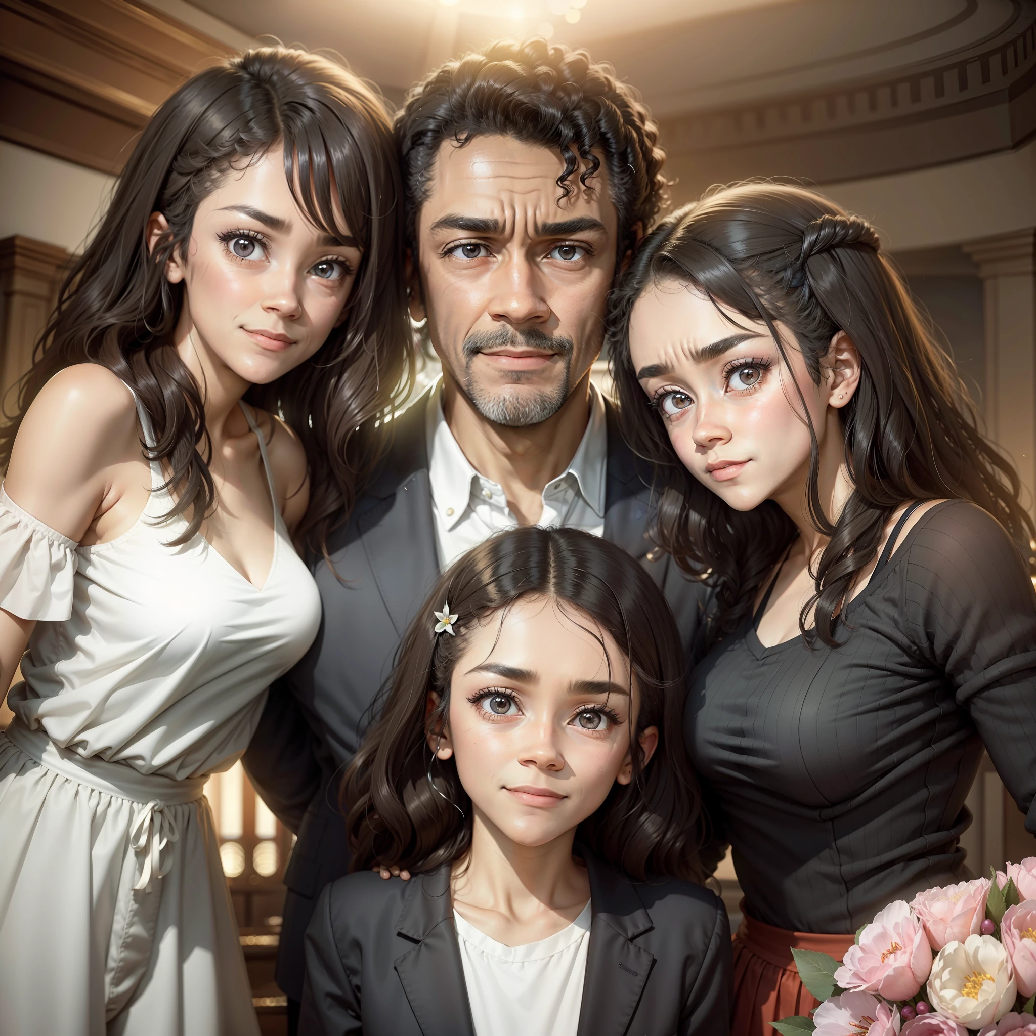 Father surrounded by his two daughters in a ballroom, the father is black black bald 50 years old in a skinny blazer and athletic build, two black daughters of lighter tone, one is 15 years old and the other 22 years old, they are at the 15th birthday party of the youngest, he is with serious look staring at the camera,  They're smiling. They hug their father one on each side. The oldest has straight hair and the youngest curly hair. Close, centered, high-quality image.