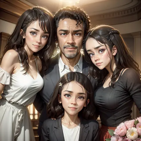 father surrounded by his two daughters in a ballroom, the father is black black bald 50 years old in a skinny blazer and athleti...