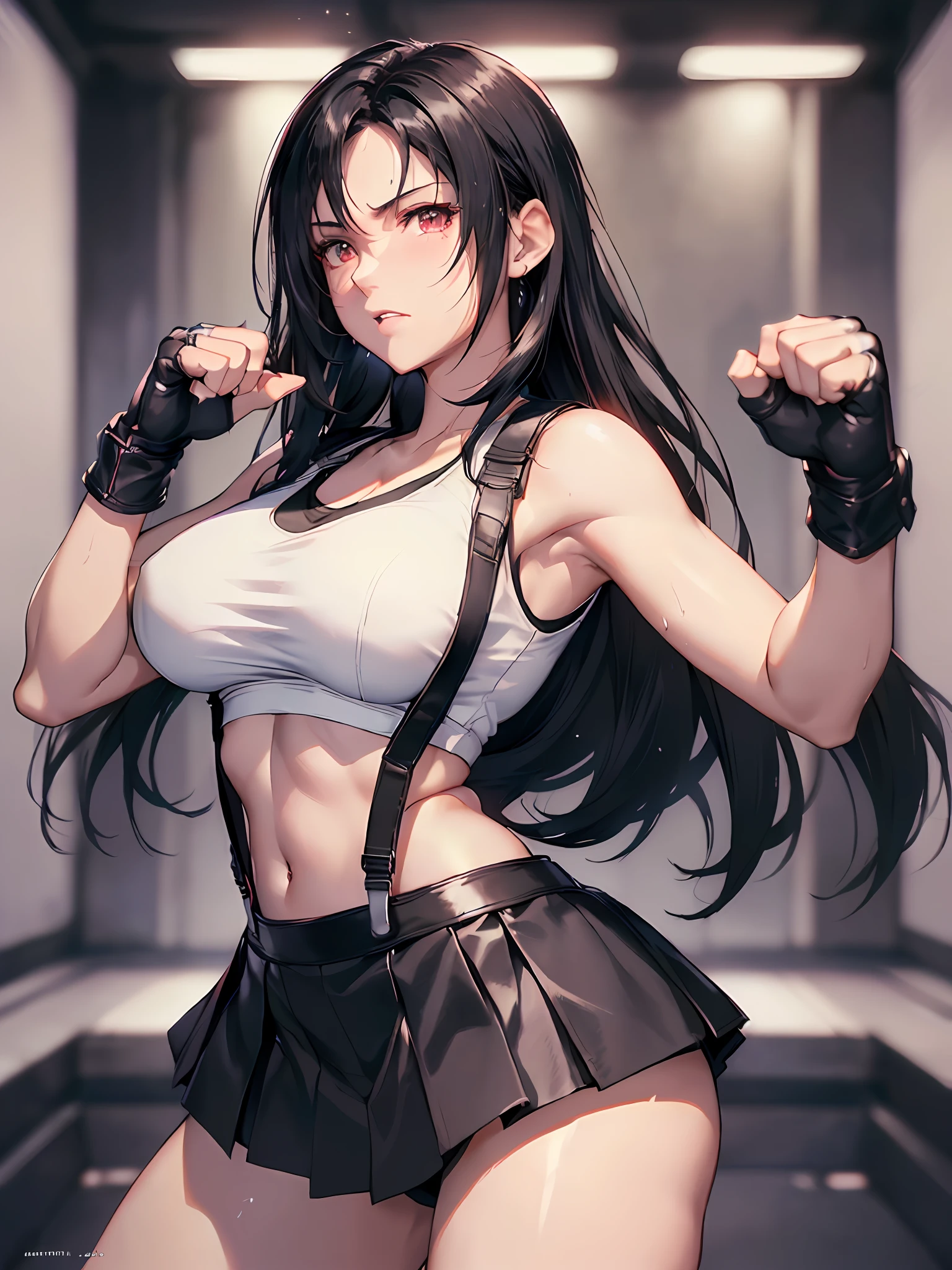 8k,masterpiece, bset quality,big, (1 girl), tifa lockhart, red_eyes, black hair, long hair, (shiny skin: 1.2), shiny big, (((best quality)), crisp focus: 1.2, highly detailed face and skin texture, detailed eyes, perfect face, perfect body, art, cg, blur background, big with presence, 20yo, mature cool and beautiful face, wearing ((suspenders black skirt), black elbow gloves, white taut shirt, thigh, white tank top), blush, dynamic pose, angry, speed lines, fighting pose, (mittgal), (fighting), punching, (aggressive punching), sweat, rough breathing, (oppressive attack),