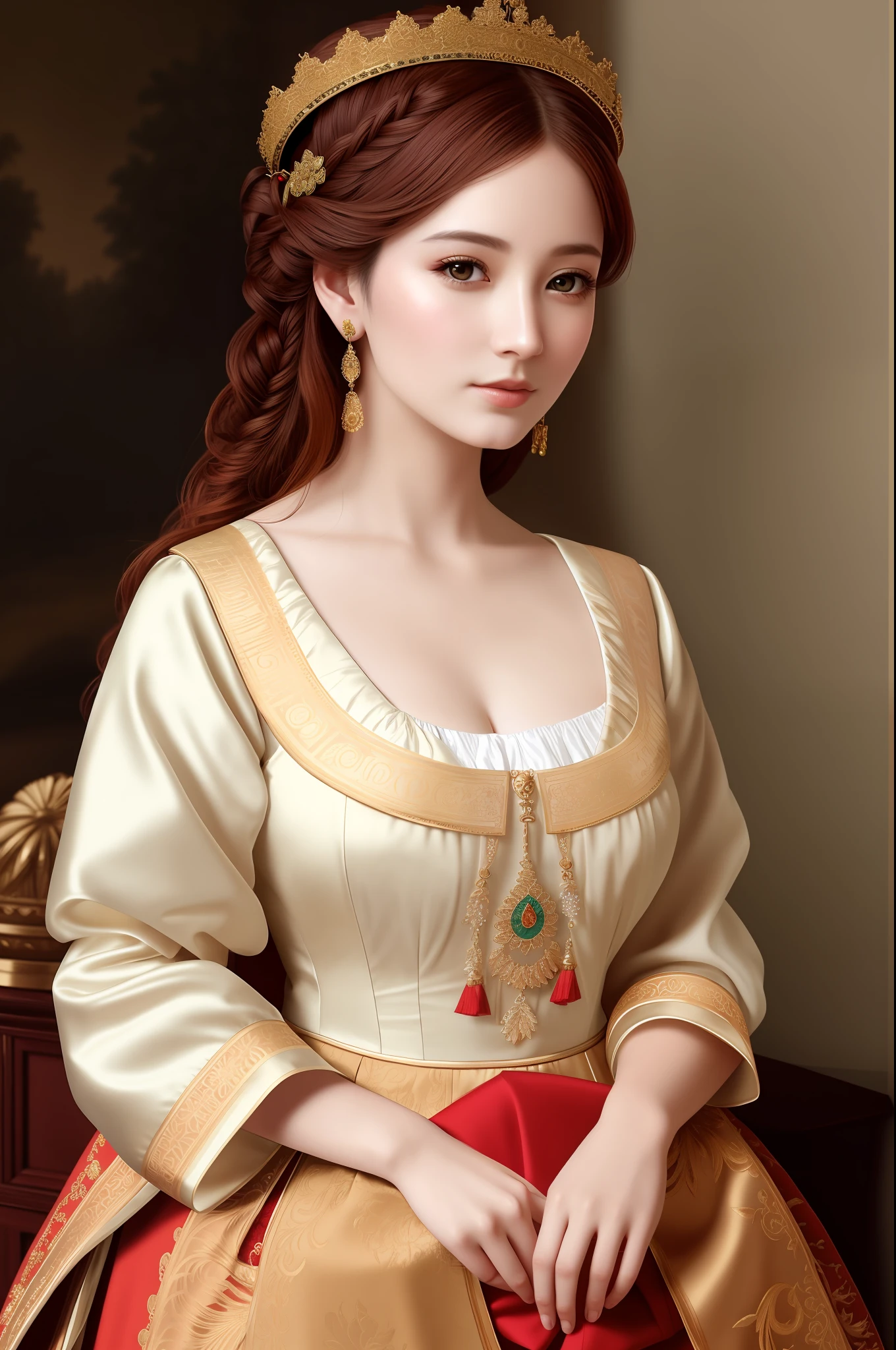 A beautiful English woman in traditional costume, (masterpiece), (portrait), (original photo), (very detailed CG unified 8k wallpaper) intricate, clear focus, dramatic, realistic art