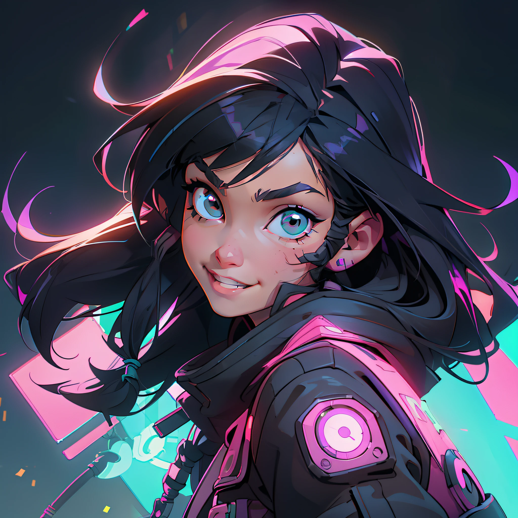 Create a girl with long messy black hair and brown eyes, smiling, gamer,, monitor, night time, good quality, perfect anatomy, 8k, masterpiece, by (Holaxes), long hair, messy hair, neon, headphones, cyberpunk, neon purple, neon yellow, neon blue, cyberwave, best Character Design