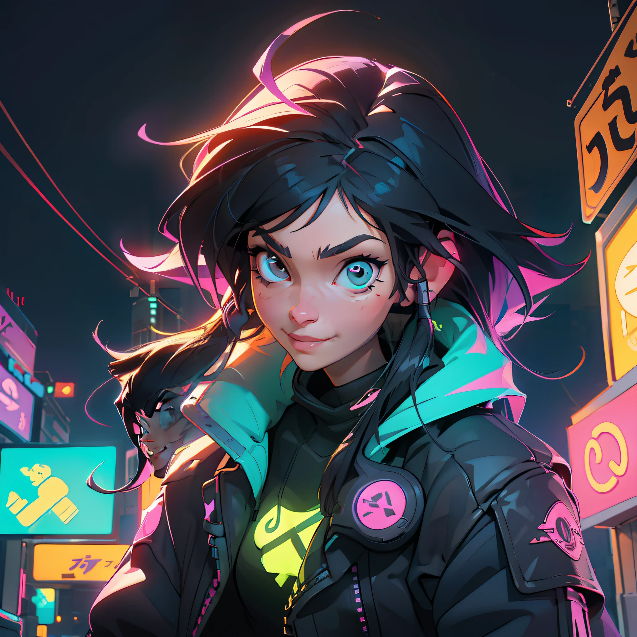 Create a girl with long messy black hair and brown eyes, smiling, gamer,, monitor, night time, good quality, perfect anatomy, 8k, masterpiece, by (Holaxes), long hair, messy hair, neon, headphones, cyberpunk, neon purple, neon yellow, neon blue, cyberwave, best Character Design