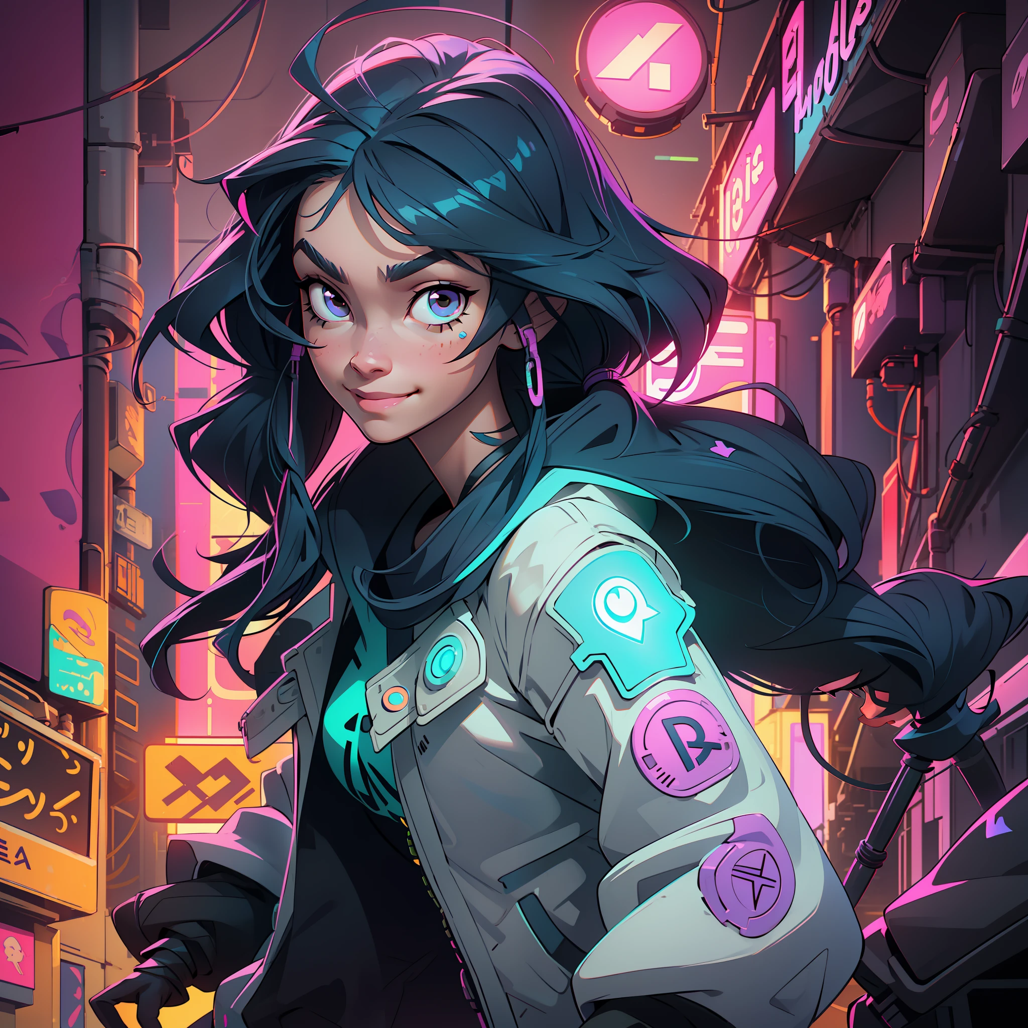 Create a girl with long messy black hair and brown eyes, smiling, gamer,, monitor, night time, good quality, perfect anatomy, 8k, masterpiece, by (Holaxes), long hair, messy hair, neon, headphones, cyberpunk, neon purple, neon yellow, neon blue, cyberwave, best Character Design