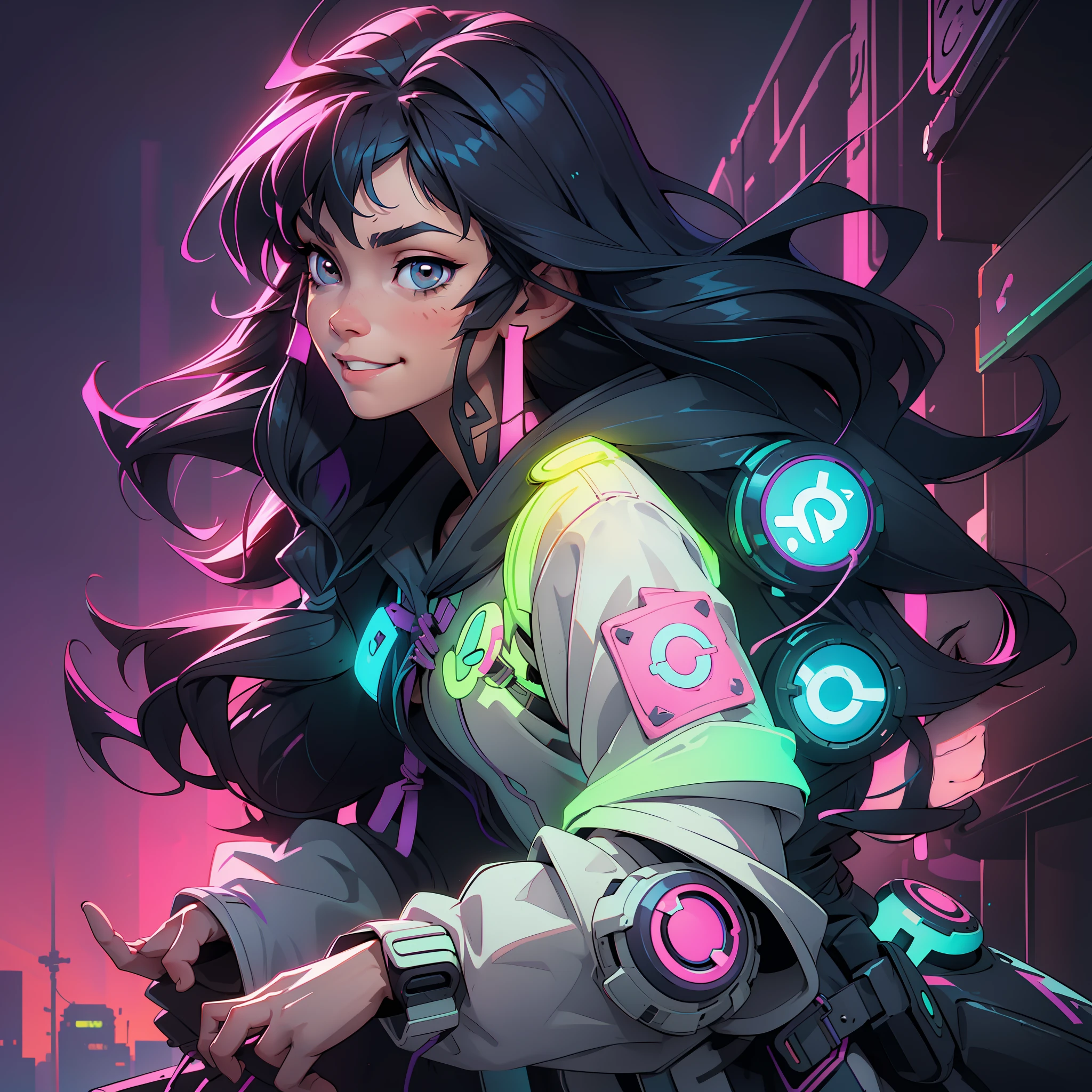 Create a girl with long messy black hair and brown eyes, smiling, gamer,, monitor, night time, good quality, perfect anatomy, 8k, masterpiece, by (Holaxes), long hair, messy hair, neon, headphones, cyberpunk, neon purple, neon yellow, neon blue, cyberwave, best Character Design