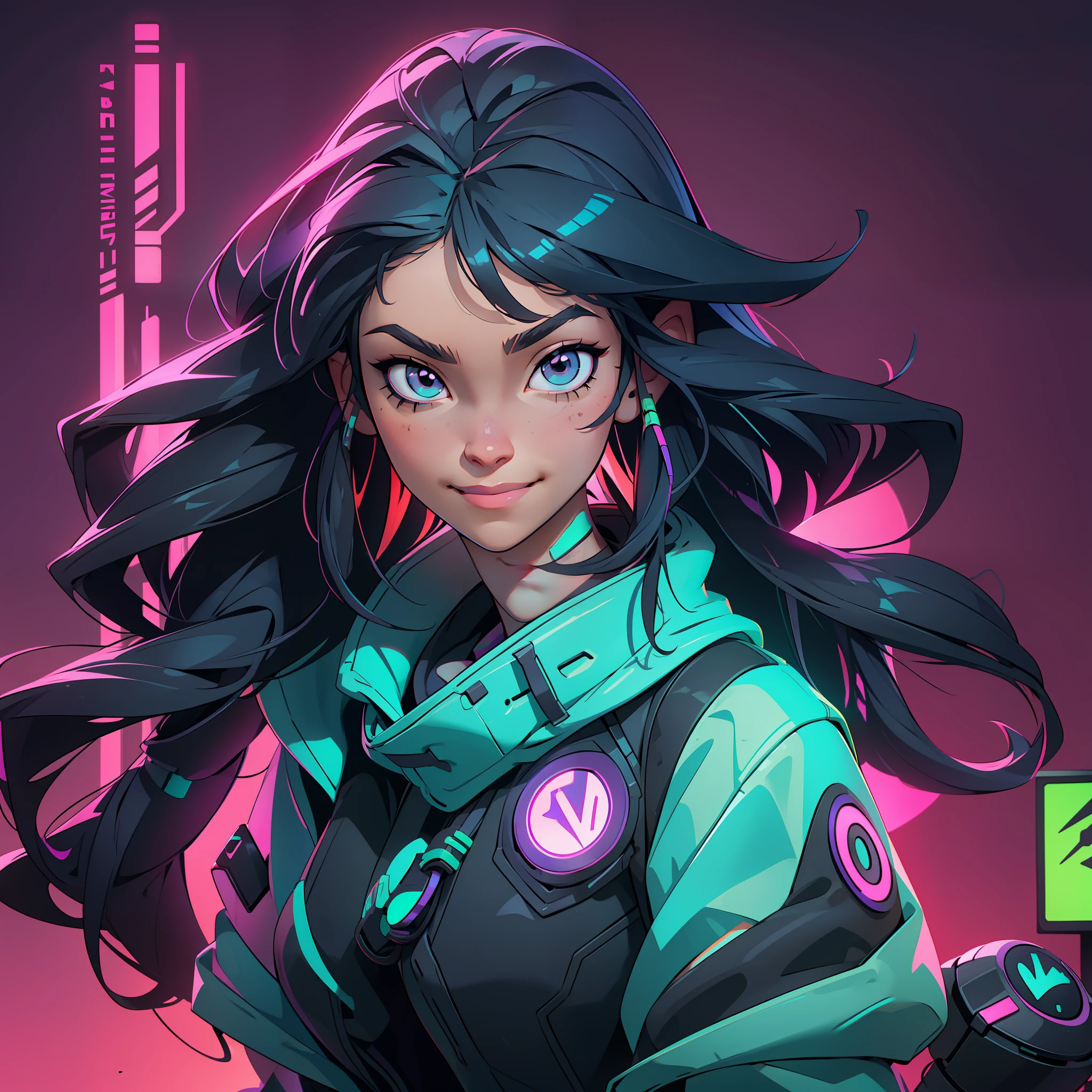 Create a girl with long messy black hair and brown eyes, smiling, gamer,, monitor, night time, good quality, perfect anatomy, 8k, masterpiece, by (Holaxes), long hair, messy hair, neon, headphones, cyberpunk, neon purple, neon yellow, neon blue, cyberwave, best Character Design