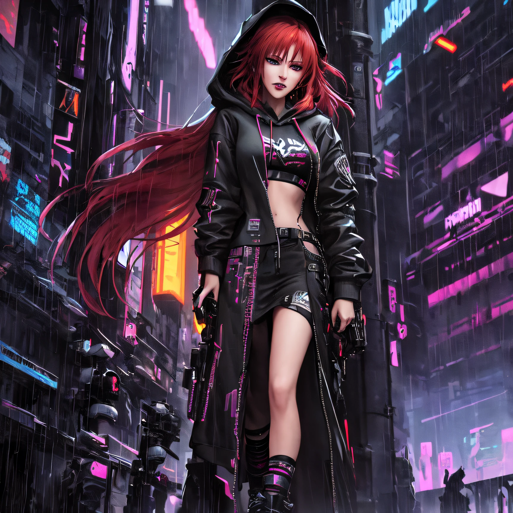 best quality, masterpiece, cinematic, realistic, cyberpunk, cyberpunk city, neon, volumetric lighting, black sky, (raining, thunderstorm), 1girl, (cyberpunk clothing, hoodie, pants, punk clothes), (flowing red hair), water reflecting off ground, from behind, ((hidden face)),