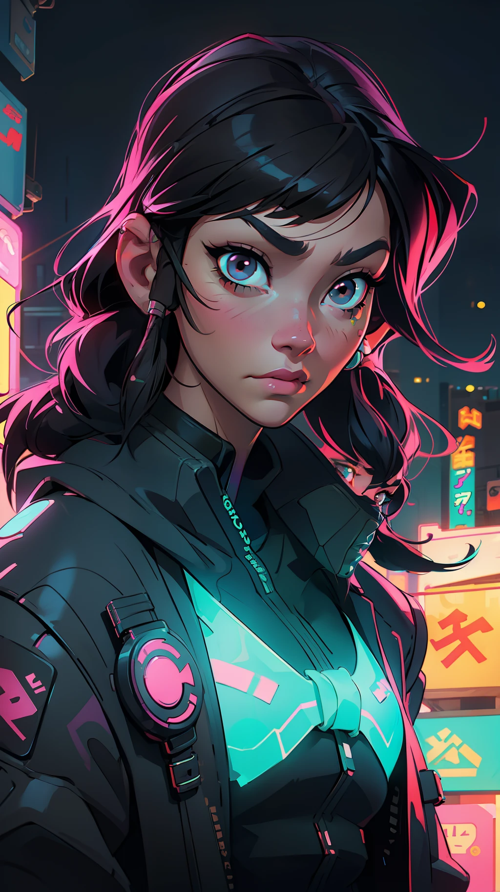 Une fille aux cheveux noirs avec des yeux bruns vibrants, avec des écouteurs dans Neon City la nuit, RossDraw Dessin animé vibrant, digital art animé cyberpunk, style artistique cyberpunk, portrait de fille aux ondes lumineuses, Lueur cyberpunk brillante, art animé cyberpunk, Ross Tran 8K, style artistique cyberpunk, wojtek fus, art animé cyberpunk, Lois van Baarle et Rossdraws,  Le portrait d'une fille cyberpunk, néon cyberpunk, juste une blague