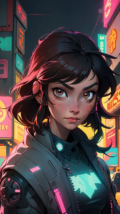 Girl with messy long black hair and brown eyes, vibrant brown eyes, with headphones in Neon City at night, RossDraw Vibrant Cart...