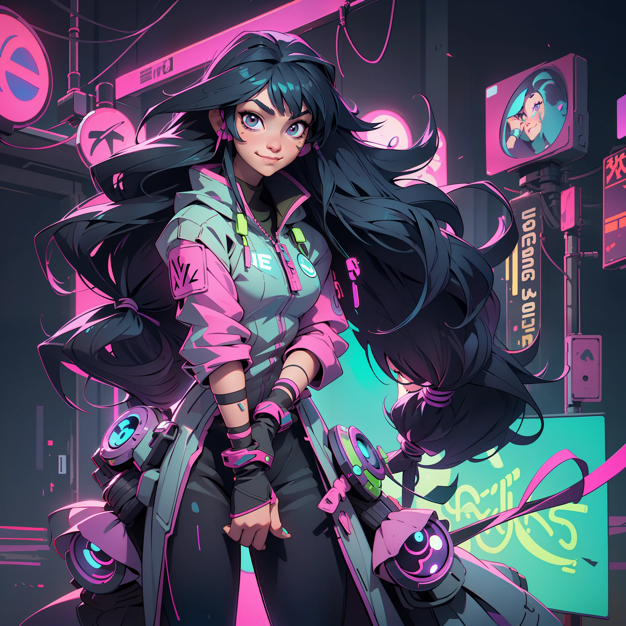 Create a girl with long messy black hair and brown eyes, smiling, gamer,, monitor, night time, good quality, perfect anatomy, 8k, masterpiece, by (Holaxes), long hair, messy hair, neon, headphones, cyberpunk, neon purple, neon yellow, neon blue, cyberwave, best Character Design