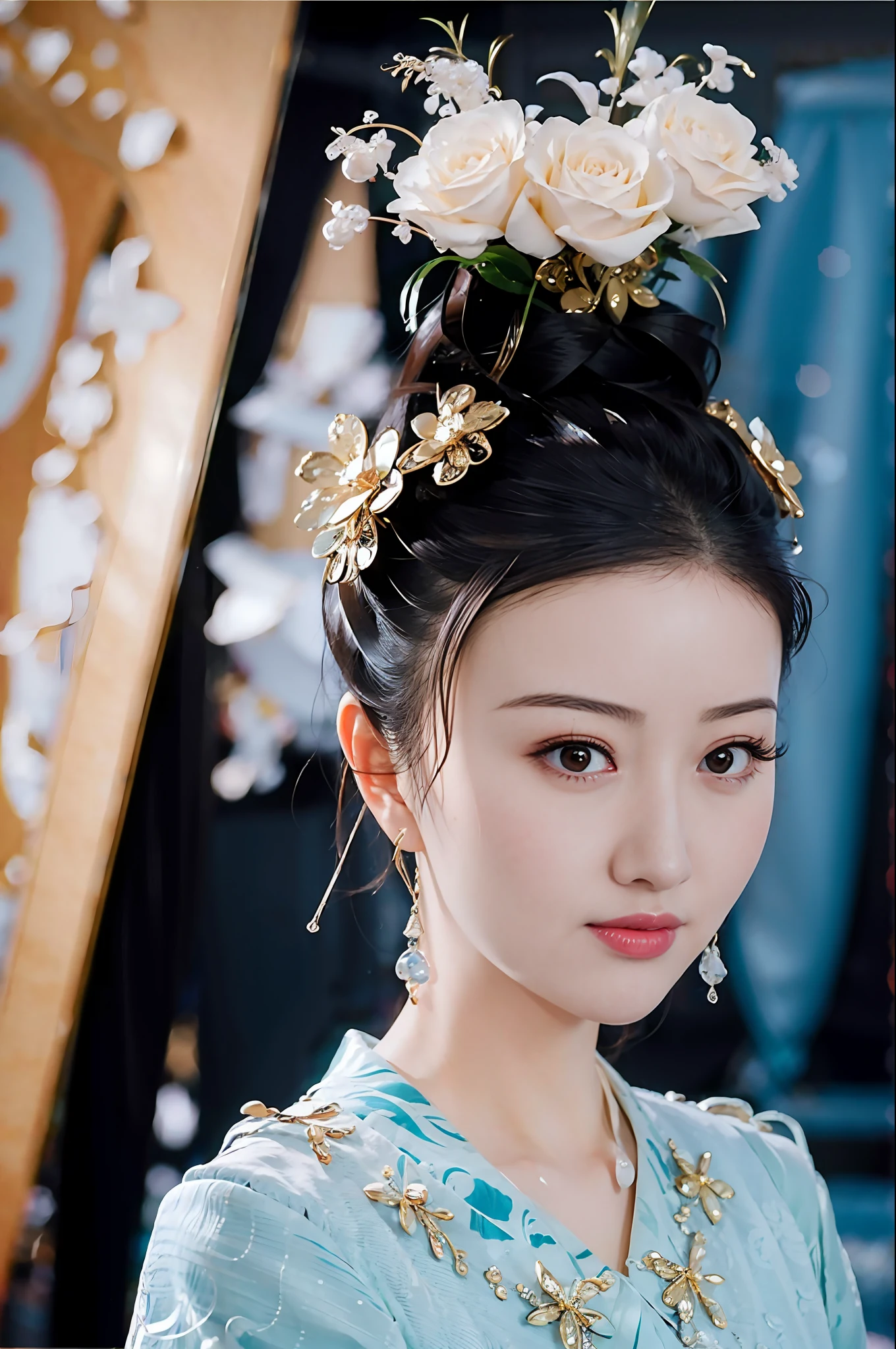 Masterpiece, Best Quality, 1Girl, Aqua Eyes, Brunette Hair, Shut Up, Earrings, Five Best Quality, Super High Resolution, (Realism: 1.4), 1Girl, Jing Tian,