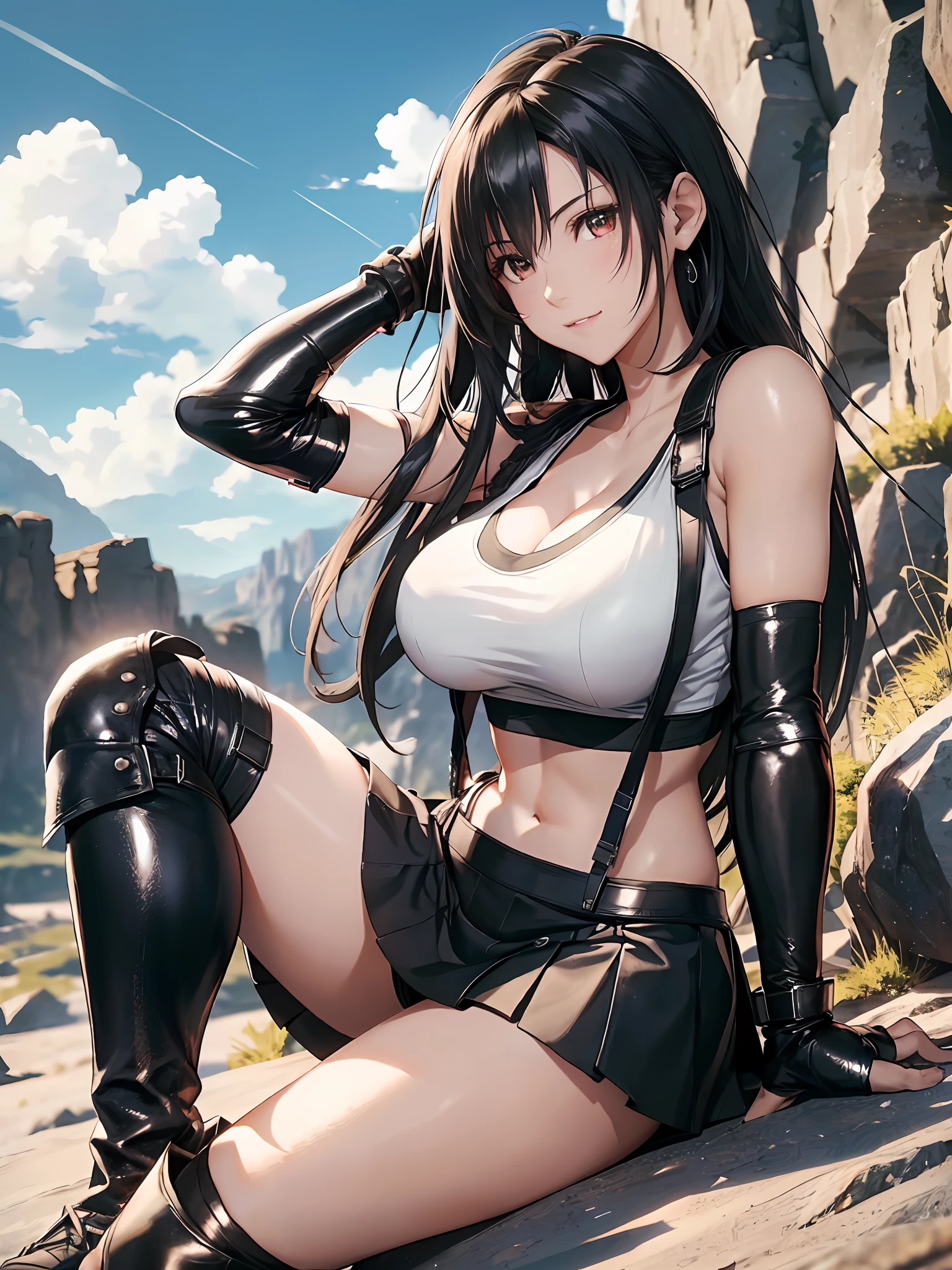 8k,masterpiece, bset quality,big, (1 girl), tifa lockhart, red_eyes, black hair, long hair, professional lighting, (shiny skin: 1.2), shiny big, ((best quality)), sharp focus: 1.2, highly detailed face and skin texture, detailed eyes, perfect face, perfect body, blur art, cg, backgroundBig breasts, 20yo, mature cool and beautiful face, wearing ((Suspender Black Skirt), Black Elbow Gloves, White Taut Shirt, Tsigh, White Tank Top), Blushing, Dynamic Pose, (Mittgar), Sitting on a Rock, Tranquility, (Beautiful Sky Background: 1.1), (Desert, Hill, Sky: 1.1), (Full Body Shot: 1.15), Smile, floating hair, flirting,