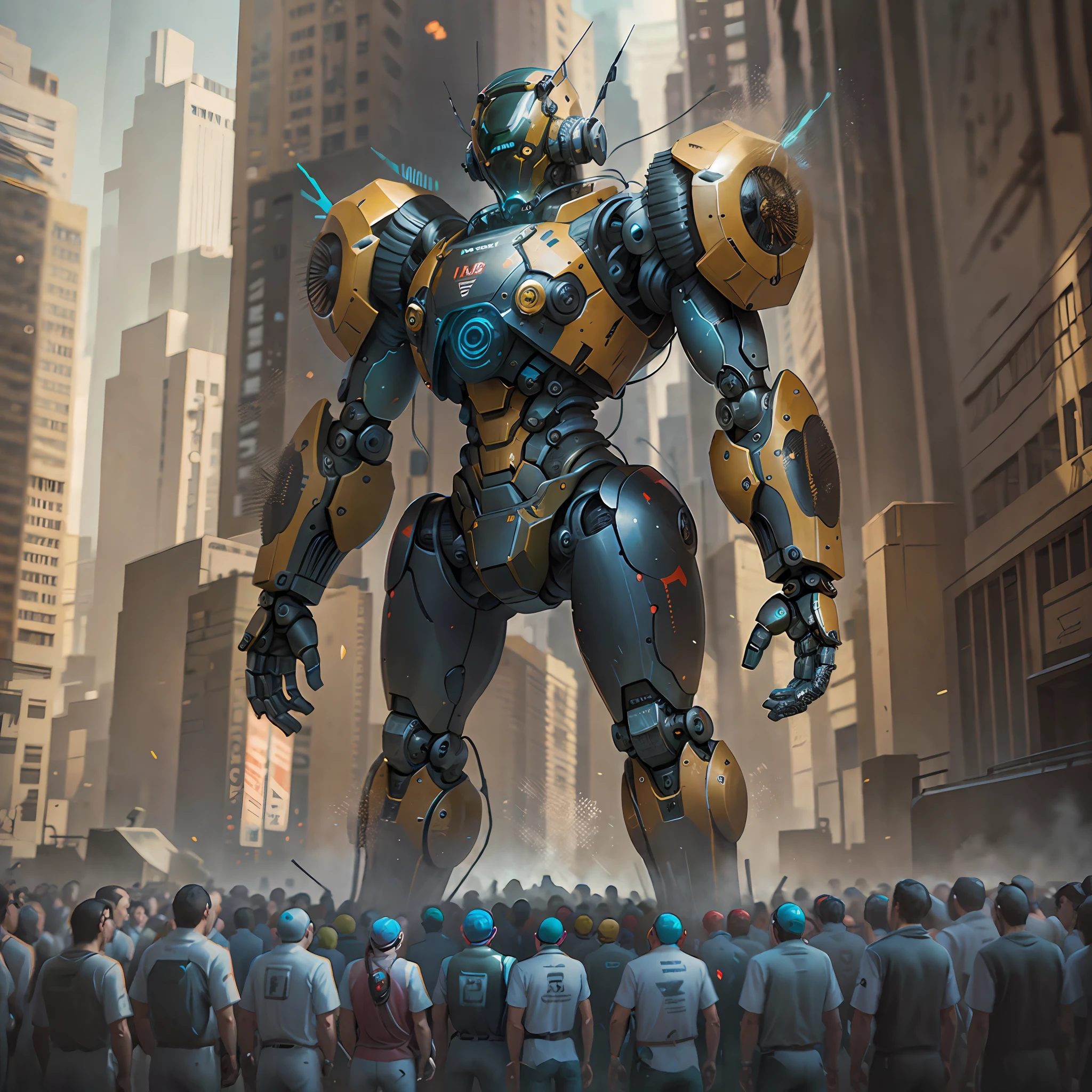 照片, 一幅画，描绘了一个站在人群前的机器人 (机甲机器人风格:1) --自动--s2
