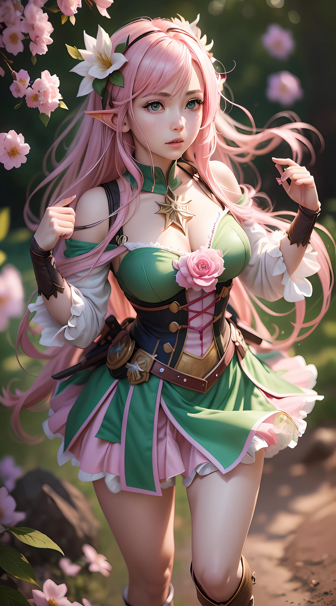 Chica anime con cabello rosado, chica elfa, vestido verde claro, Flores en camello, hechicera, female protagonist 👀, magia rosa, cara seria, peleando usando magia, Energía Rosa, magia rosa, Volando por la comisión de cuerpo completo para anime, textura hiperrealista, foto realista, ultra detallado, sin bordes de dibujo, Fotorrealista, Textura de ropa ultra realista, iluminación natural,  Iluminación realista, sin bordes oscuros, sombras detalladas, ultra foto realista, absurdo realista, realism, sin bordes de dibujo, ultra absurd Fotorrealista, pelo mega realista, ropa mega realista, detalles absurdamente realistas, no deformities, sin bordes de dibujo, sin líneas de dibujo, 8K, 4k