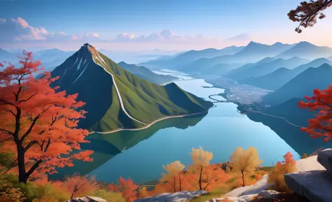 a beautiful korean mountain with lake, (masterpiece), (portrait), (raw photo), (extremely detailed cg unity 8k wallpaper) intric...