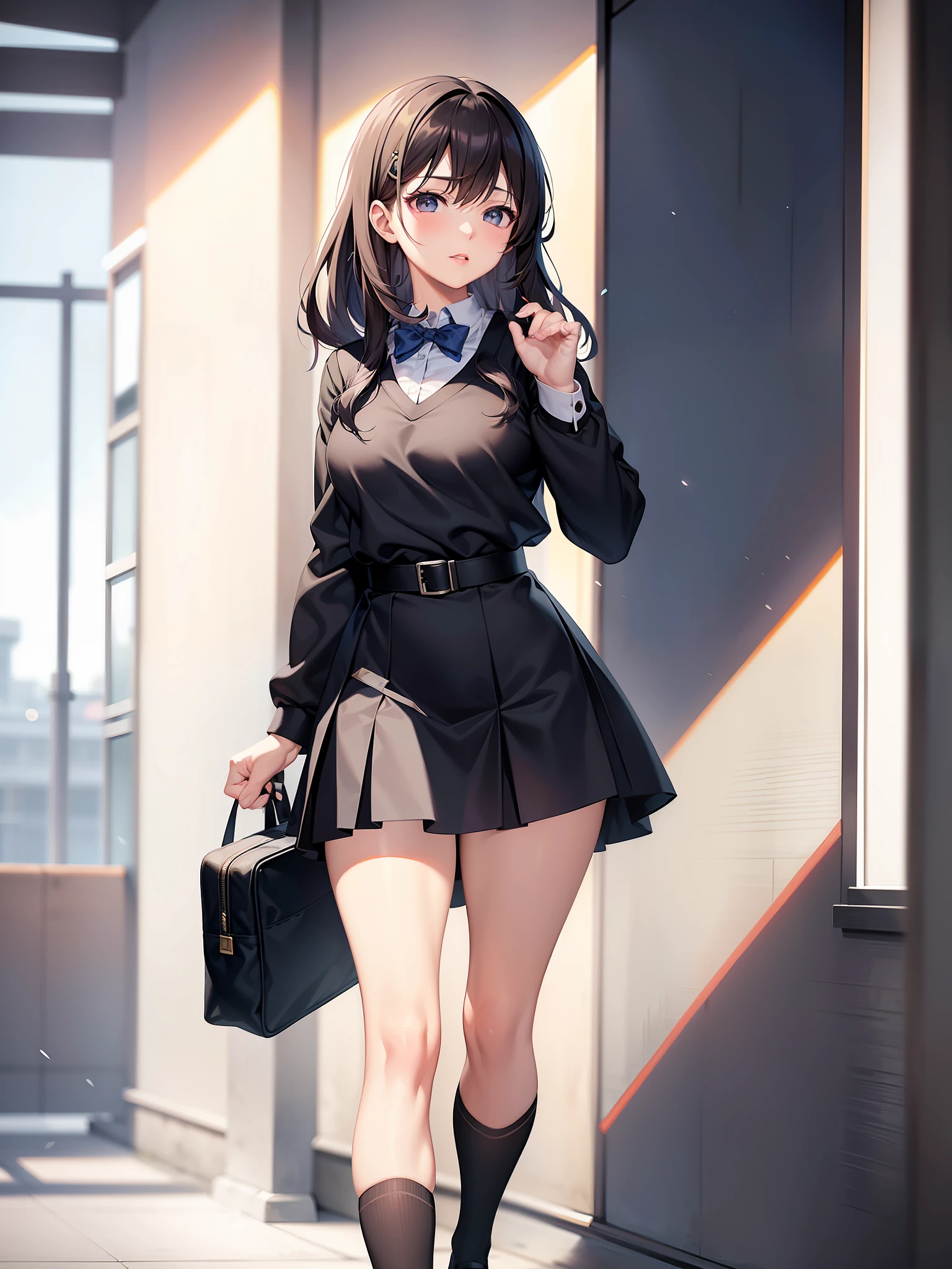 Chica de anime con uniforme escolar sosteniendo un bolso y posando, chica anime con un vestido negro, Estilo artístico del anime Moe, ilustración de cuerpo completo anime, chica vestida de uniforme, colegiala realista, a hypercolegiala realista, uniforme jk, Estilo de la colección Kantai, hypercolegiala realista, yandere. alto, Chica de escuela, uniforme de estudiante de la escuela mágica, cuerpo completo de un solo personaje