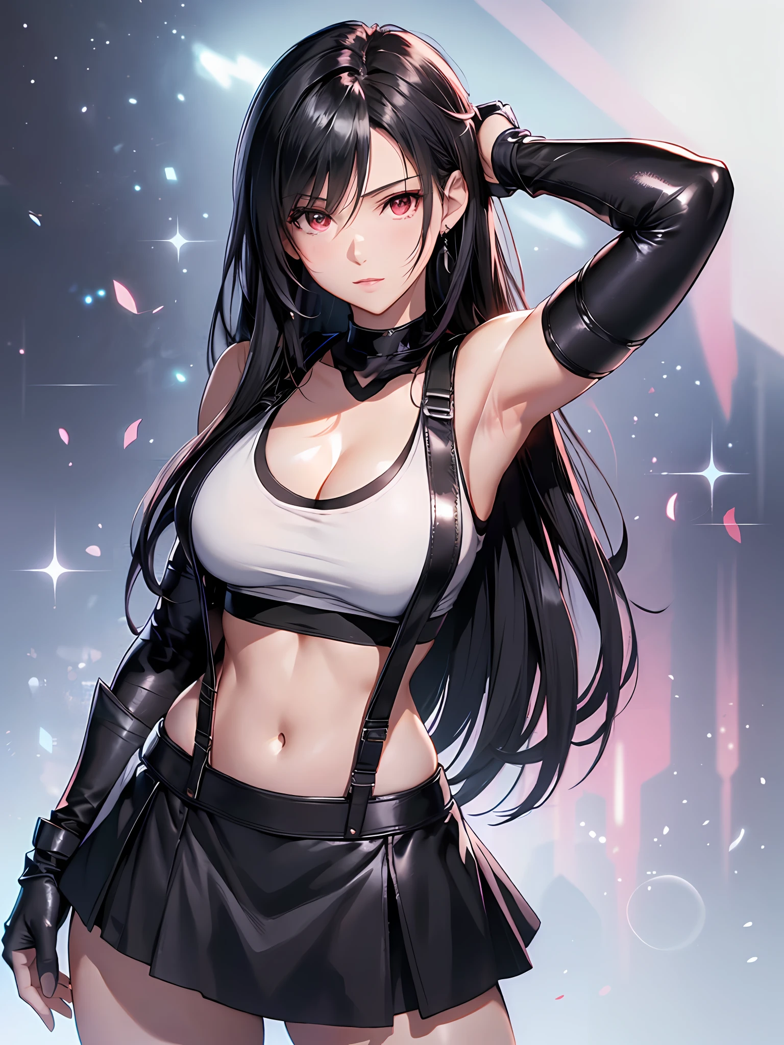 8k,masterpiece, bset quality,big, (1 girl), tifa lockhart, red_eyes, black hair, long hair, professional lighting, (shiny skin: 1.2), shiny big, ((best quality)), sharp focus: 1.2, highly detailed face and skin texture, detailed eyes, perfect face, perfect body, blur art, cg, background, Big with presence, 20yo, mature cool and beautiful face, wearing ((suspender black skirt), black elbow gloves, white taut shirt, thigh, white tank top), blush, (mittgal), random pose,