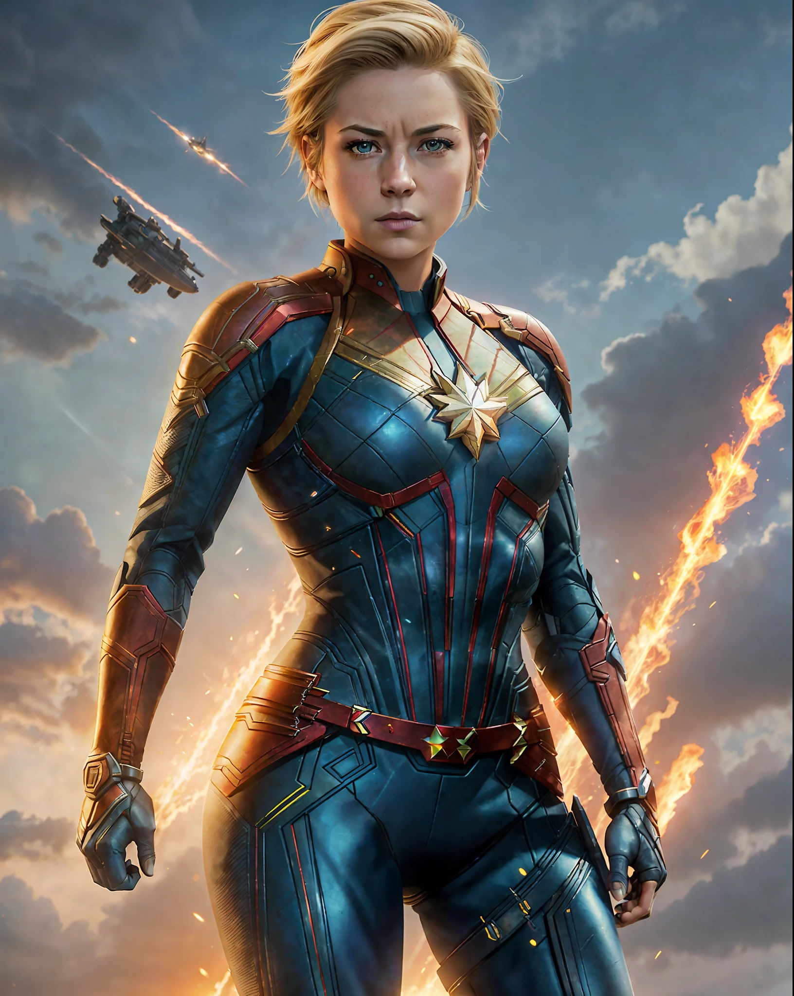 full body shot of kathwin:1,side lighting,(short pixie hair:1.3),rim lighting on hair, shallow sharp depth of field, feminine heroic,(curvy:1.4), (highly detailed), (Award winning), (Masterpiece), movie still, (HDR), (8k wallpaper),captain marvel suit,flying,sky background,female focus