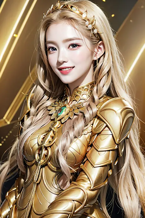 golden diamond armor, long blonde hair, golden pupils, golden light background, golden transparent wings, diamond texture, smili...