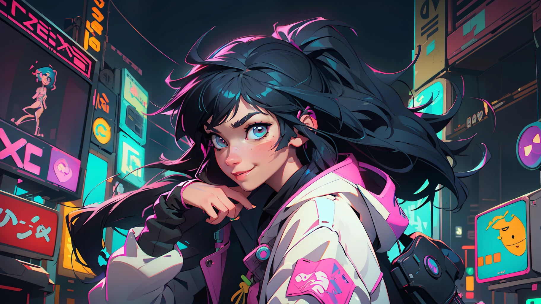 Create a girl with long messy black hair and brown eyes, smiling, gamer,, monitor, night time, good quality, perfect anatomy, 8k, masterpiece, by (Holaxes), long hair, messy hair, neon, headphones, cyberpunk, neon purple, neon yellow, neon blue, cyberwave, best Character Design