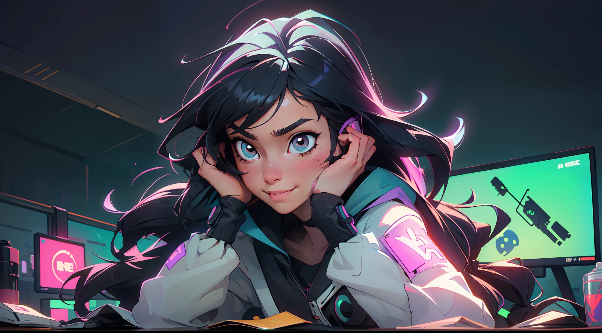 Create a girl with long messy black hair and brown eyes, looking at the bright screen of a notebook, concentrated expression,smiling, gamer,, monitor, night time, good quality, perfect anatomy, 8k, masterpiece, by (Holaxes), long hair, messy hair, neon, headphones, cyberpunk, neon purple, neon yellow, neon blue, cyberwave, best Character Design