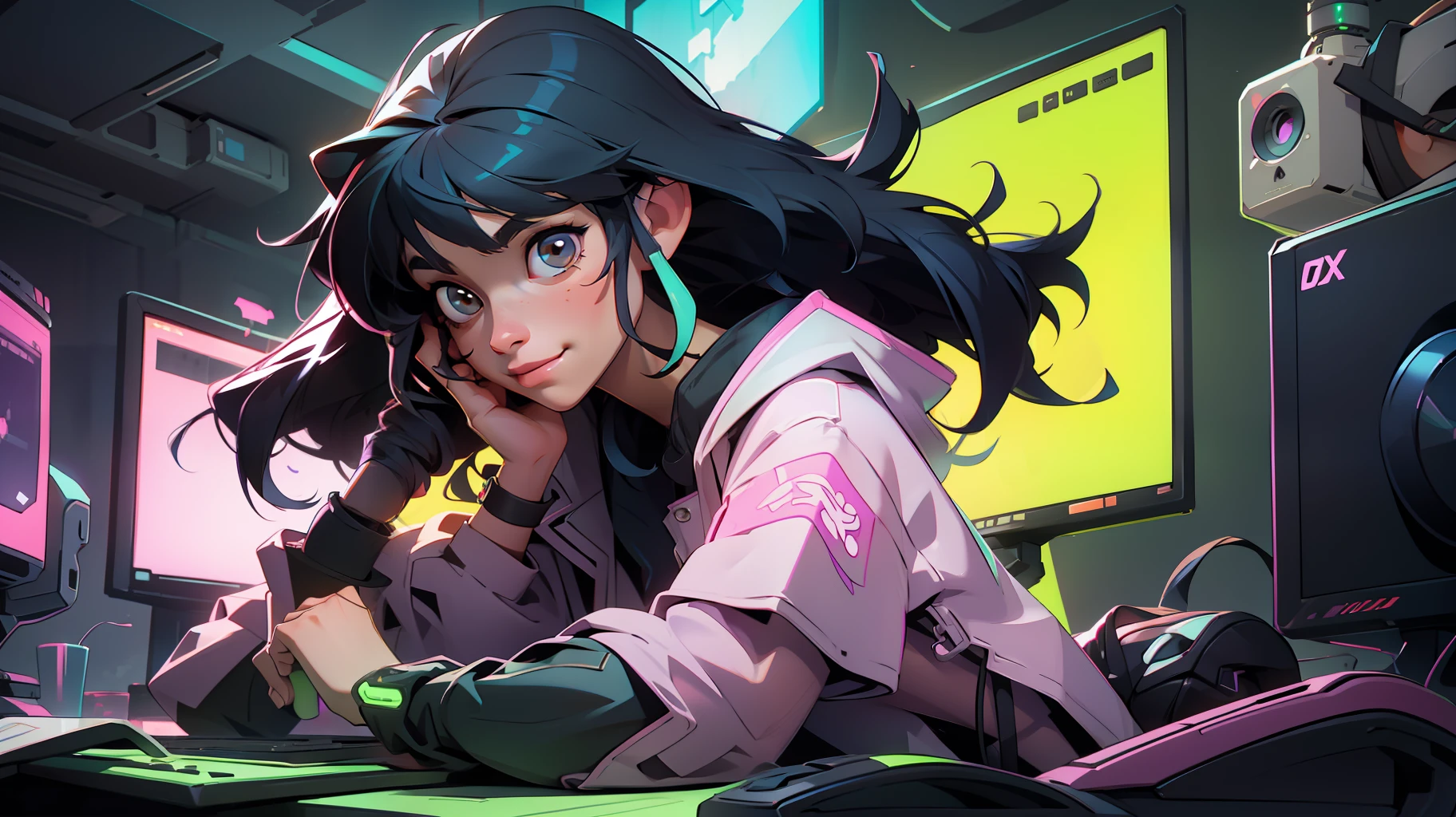 Create a girl with long messy black hair and brown eyes, looking at the bright screen of a computer, concentrated expression,smiling, gamer,, monitor, night time, good quality, perfect anatomy, 8k, masterpiece, by (Holaxes), long hair, messy hair, neon, headphones, cyberpunk, neon purple, neon yellow, neon blue, cyberwave, best character design