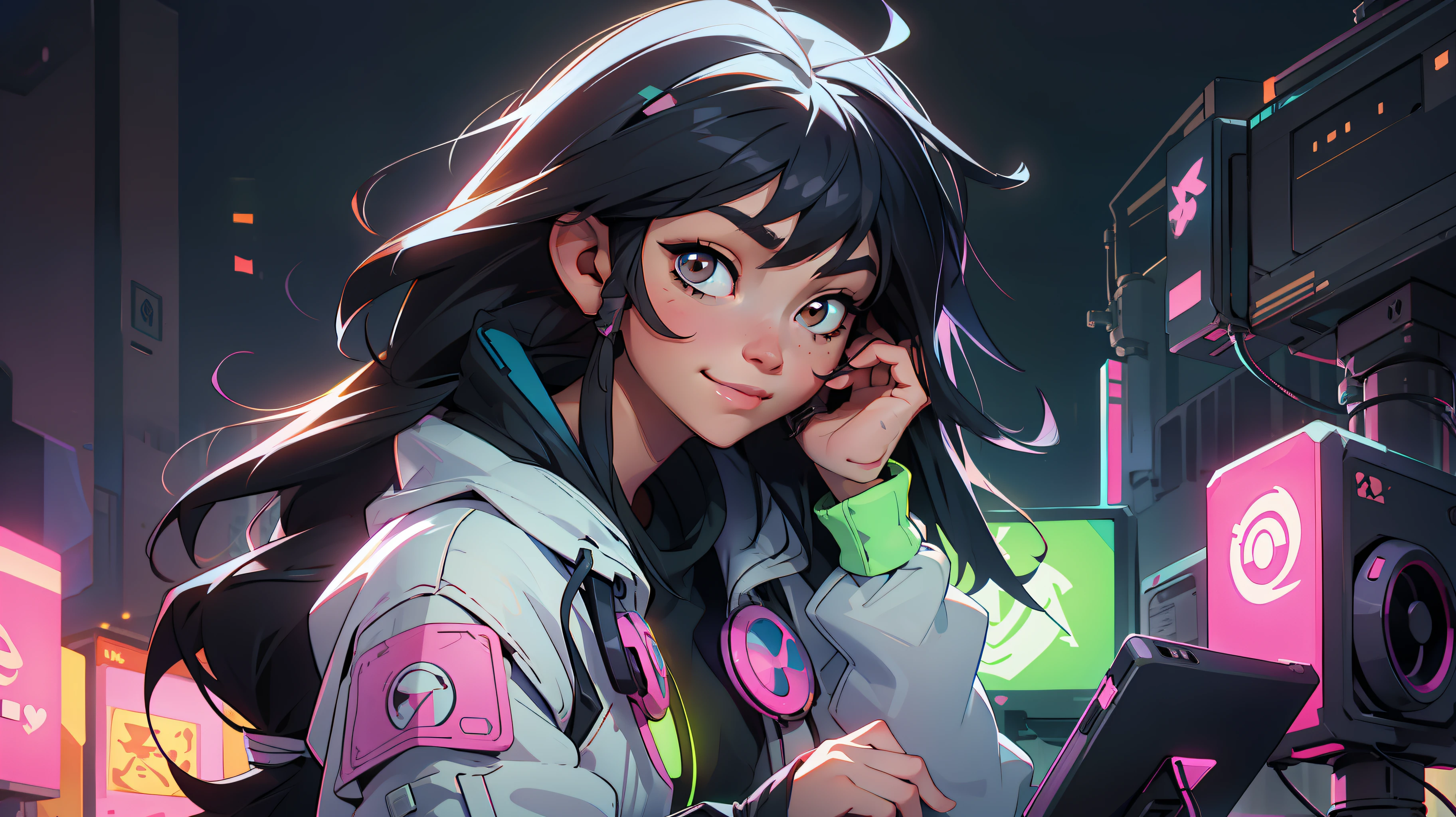 Create a girl with long messy black hair and brown eyes, looking at the bright screen of a computer, concentrated expression,smiling, gamer,, monitor, night time, good quality, perfect anatomy, 8k, masterpiece, by (Holaxes), long hair, messy hair, neon, headphones, cyberpunk, neon purple, neon yellow, neon blue, cyberwave, best character design