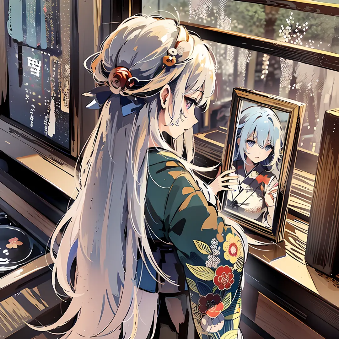 （Tie's hair on the backwhite-haired:2）, Japanese shrine maiden, sacred mirror, serene shrine, hands, gracefully, bind, long flow...