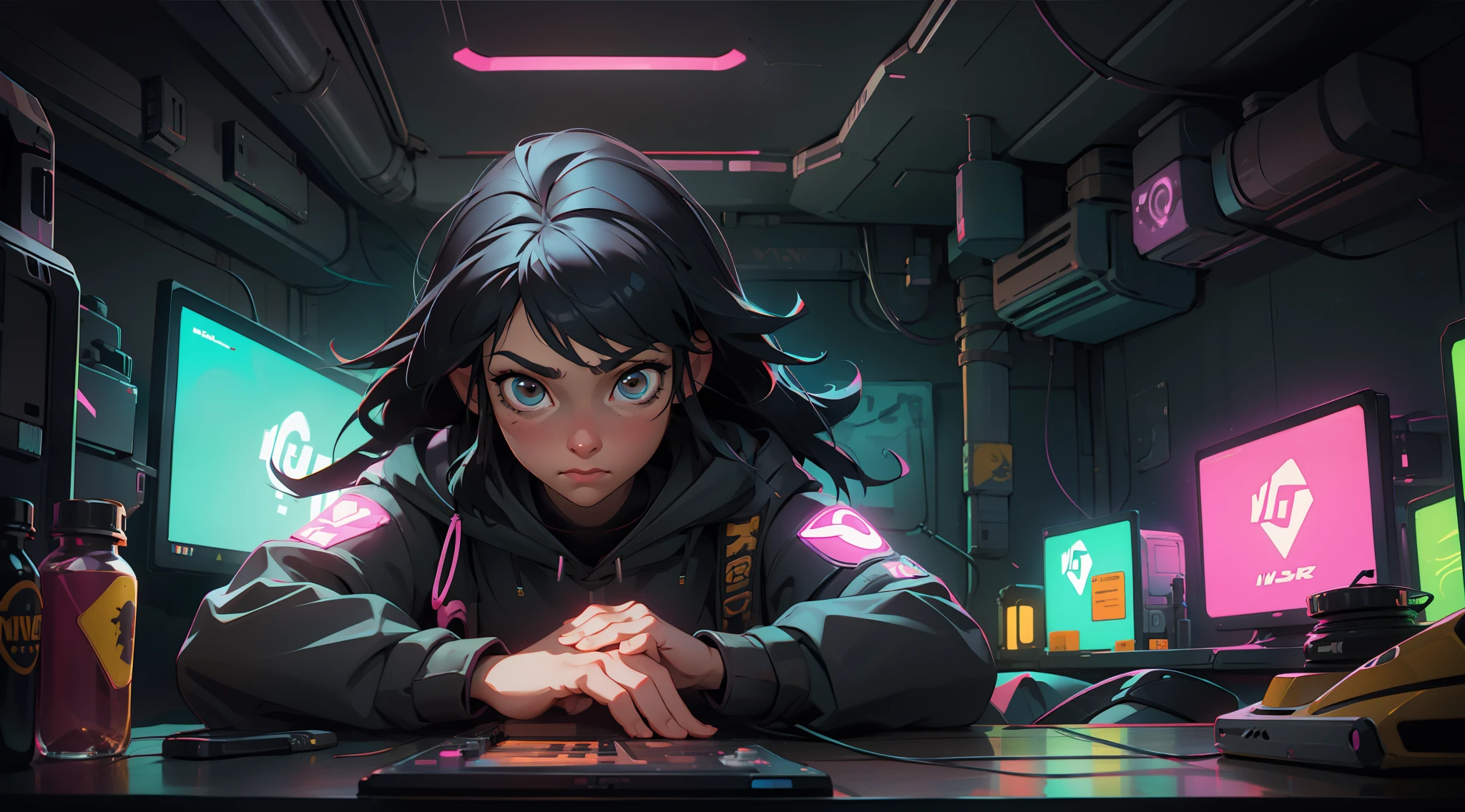 Create a girl with long messy black hair and brown eyes, looking to the right side, doubt expression, hand on chin, gamer,, monitor,in a room setting with neon lights, good quality, perfect anatomy, 8k, masterpiece, by (Holaxes), long hair, messy hair, neon, headphones, cyberpunk, neon purple, neon yellow, neon blue, cyberwave,  Best Character Design