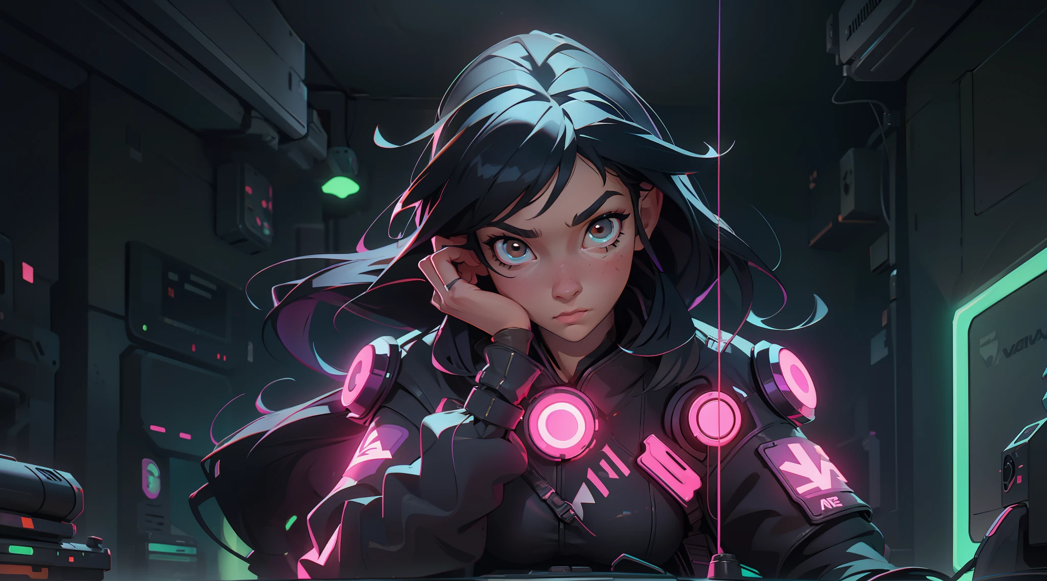 Create a girl with long messy black hair and brown eyes, looking to the right side, doubt expression, hand on chin, gamer,, monitor,in a room setting with neon lights, good quality, perfect anatomy, 8k, masterpiece, by (Holaxes), long hair, messy hair, neon, headphones, cyberpunk, neon purple, neon yellow, neon blue, cyberwave,  Best Character Design