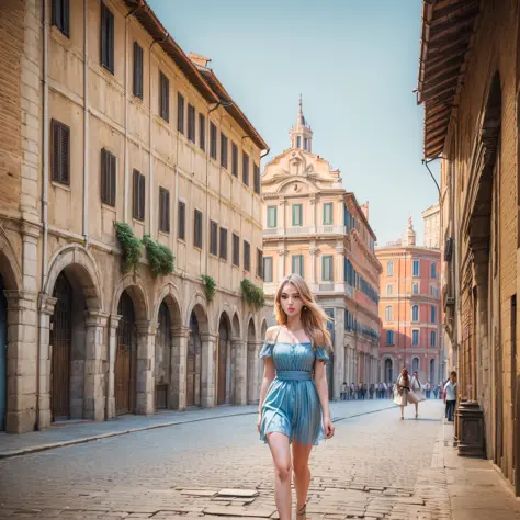 (a beautiful woman:1.3),(strolling through the streets of Rome in Italy:1.2),beautiful environment,classic,historic streets,historic architecture,vectorized, colorful and sharp,wide shot,high contrast,slight fantasy bias