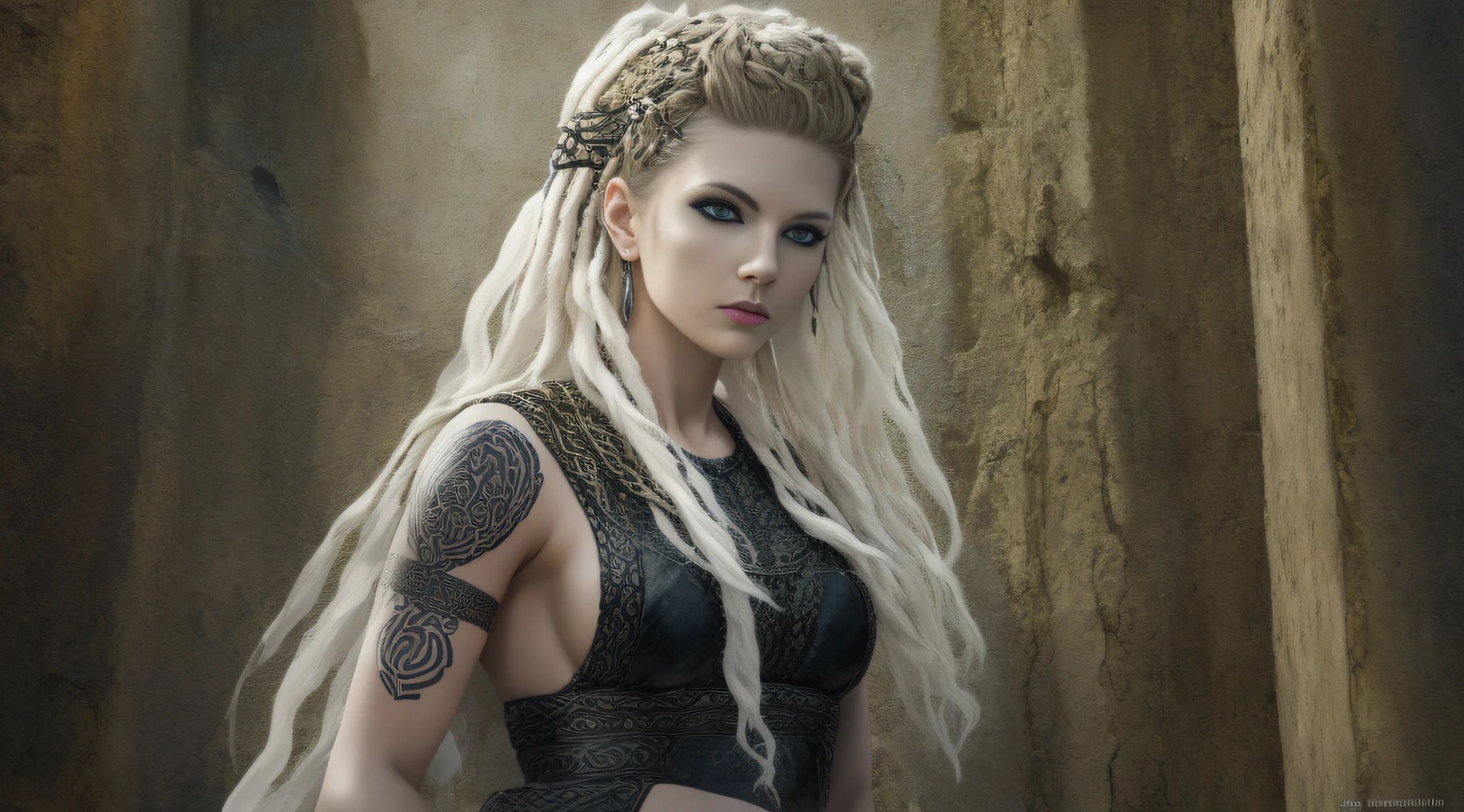 A very beautiful woman, a Celtic warrior, is inside an ancient temple, white and black clothes with design of Celtic symbols, Celtic tattoos for the body. colorful, two-dimensional