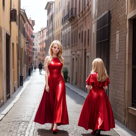 (a beautiful woman:1.3, with a beautiful red dress and red high heeled shoes, with a beautiful blonde hair, perfect skin, closeup),(strolling through the streets of Rome in Italy:1.2),beautiful environment,classic,historic streets,historical architecture,v...