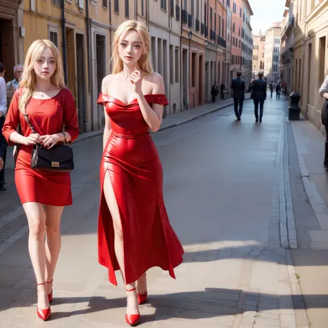 (a beautiful woman:1.3, with a beautiful red dress and red high heeled shoes, with a beautiful blonde hair, perfect skin, closeup),(strolling through the streets of Rome in Italy:1.2),beautiful environment,classic,historic streets,historical architecture,v...