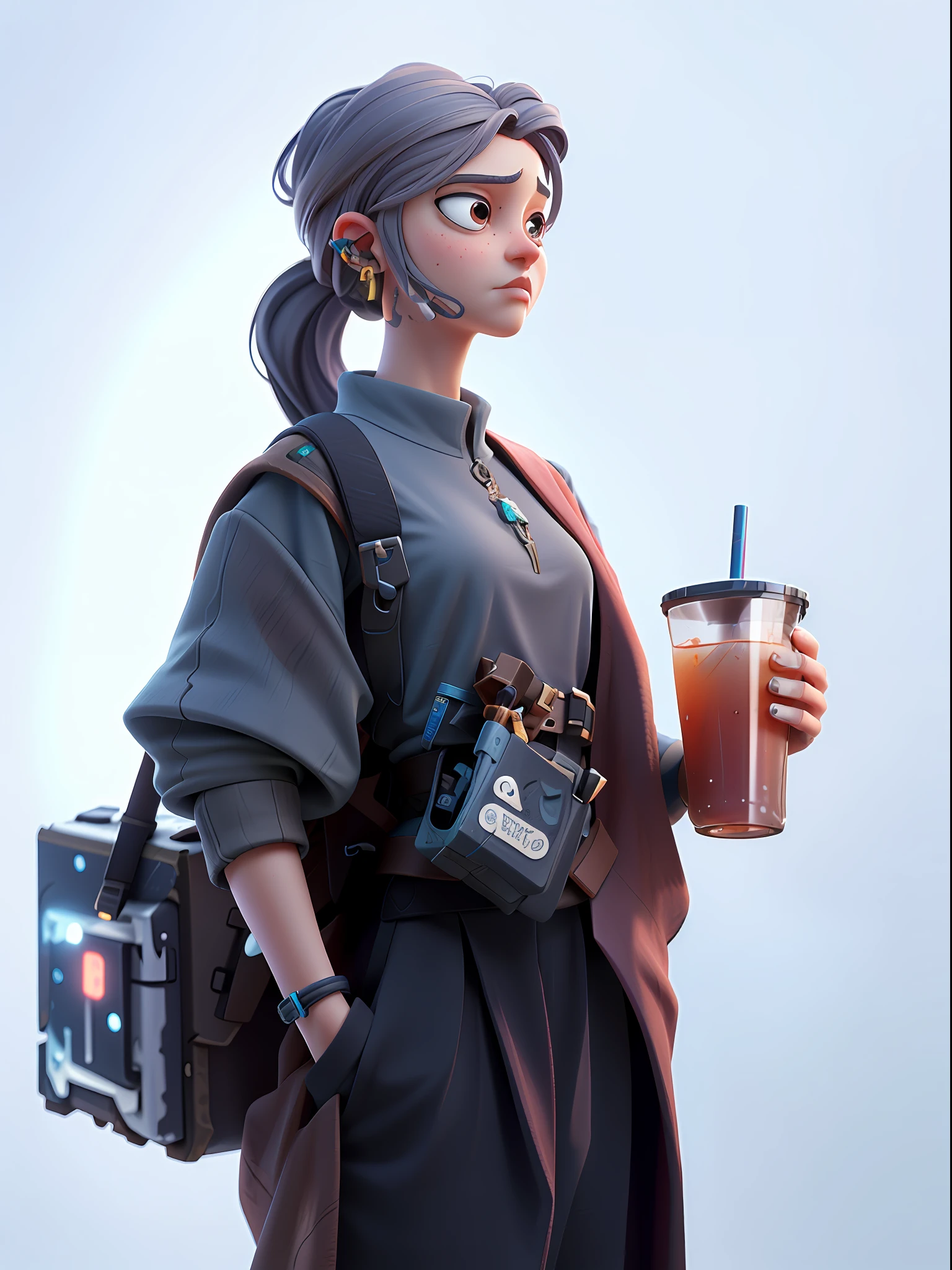 There is a woman holding a drink in her hand, sci-fi characters, Guvez style artwork, 3 D rendered character art 8 K, soda themed girl, dystopian sci-fi characters, smooth 3d CG rendering, smooth digital concept art, 8K portrait rendering, 3 d rendering stylized, 3 d rendering beep