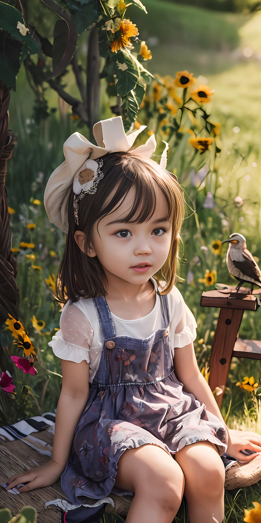 High Detail, Ultra Detail, 8K, Ultra High Resolution A cute and innocent girl, , toddler, enjoying her time in the open field, surrounded by the beauty of nature, warm sun sprinkling on her, wildflowers gently swaying in the breeze. Butterflies and birds flutter around her, adding to the playful atmosphere,