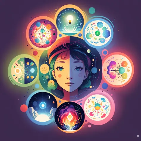 illustration split circle four seasons, hyper realism, color palette, first top left space a colorful brain, second top right a ...