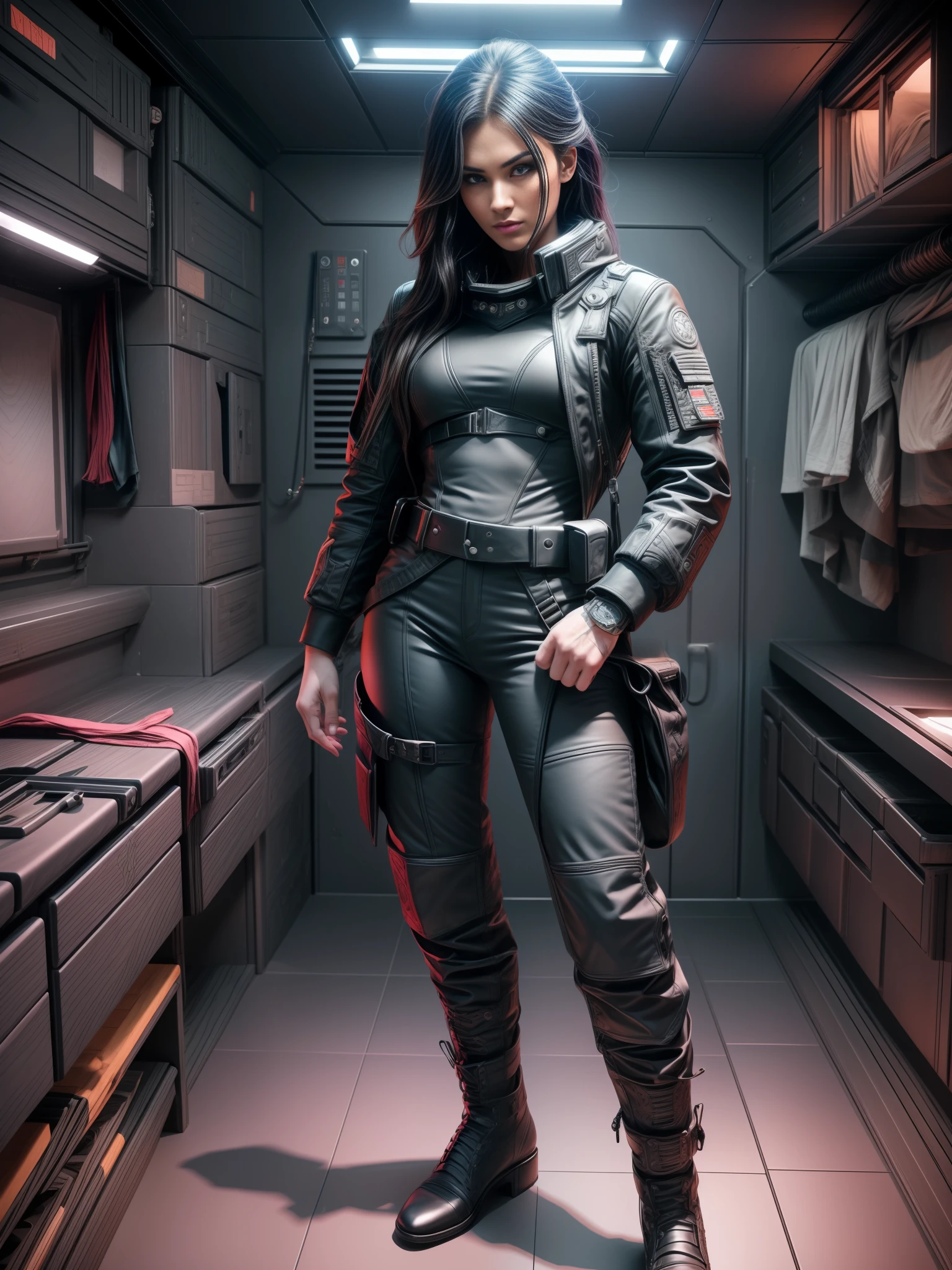 gl0w1ngR Space pirate leader, woman, 30 years old, character, standing in the black cabin of a spaceship, sci-fi, cinematic, 6d cannon, octane render, medium shot, black leather jackets, cargo pants, boots, sturdy, resilient, determined, strong, fierce, loyal, skilled, belt, resourceful, dark hair, intense, piercing eyes, muscular, non-nonsense, pragmatic, tattooed, worn, commander, authoritarian, intimidating, inflexible, confident,  striking, intense, angular, expressive look, fierce look, seductive gaze, determined gaze, strong eyeliner, mesmerizing eyes, defined cheekbones, sculpted jaw, elegant, graceful, natural beauty, magnetic, charismatic, versatile, photogenic, intricate details