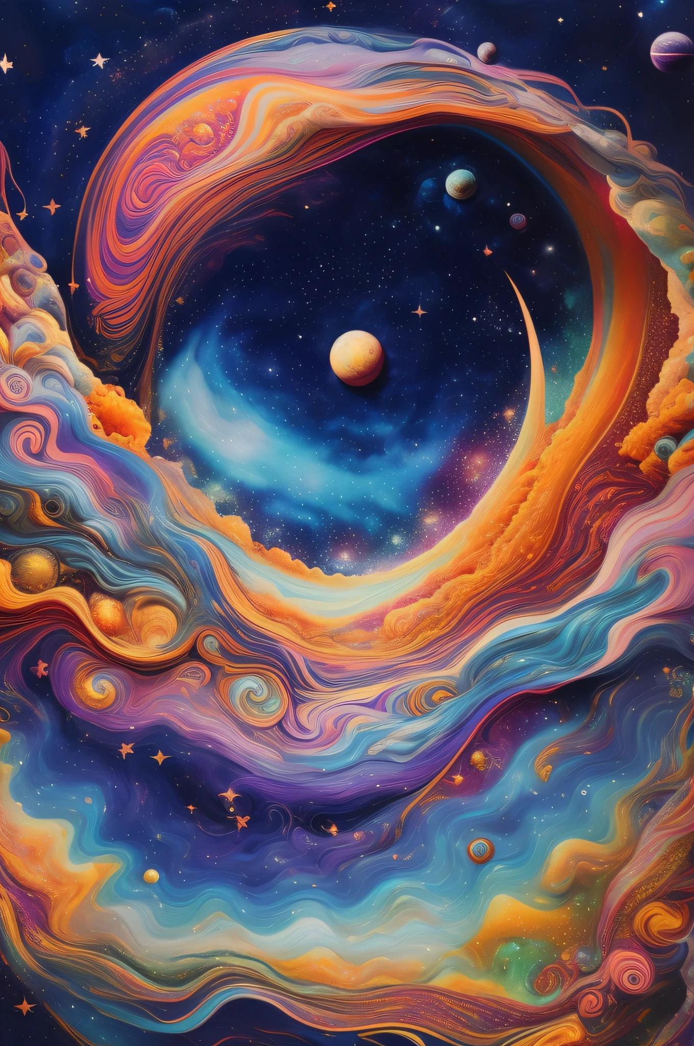 a painting of a colorful swirl with planets and stars in the background, cosmic and colorful, swirling water cosmos, detailed dreamscape, surreal space, portal to outer space, psychedelic surreal art, birth of the universe, jen bartel, infinite psychedelic waves, psychonaut universe, hyper - detailed visionary art, space colors, cosmic colors, vast cosmos, in the cosmos