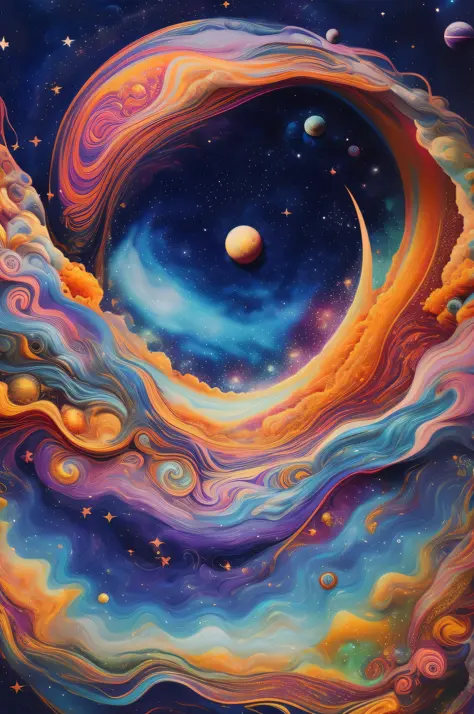 a painting of a colorful swirl with planets and stars in the background, cosmic and colorful, swirling water cosmos, detailed dr...