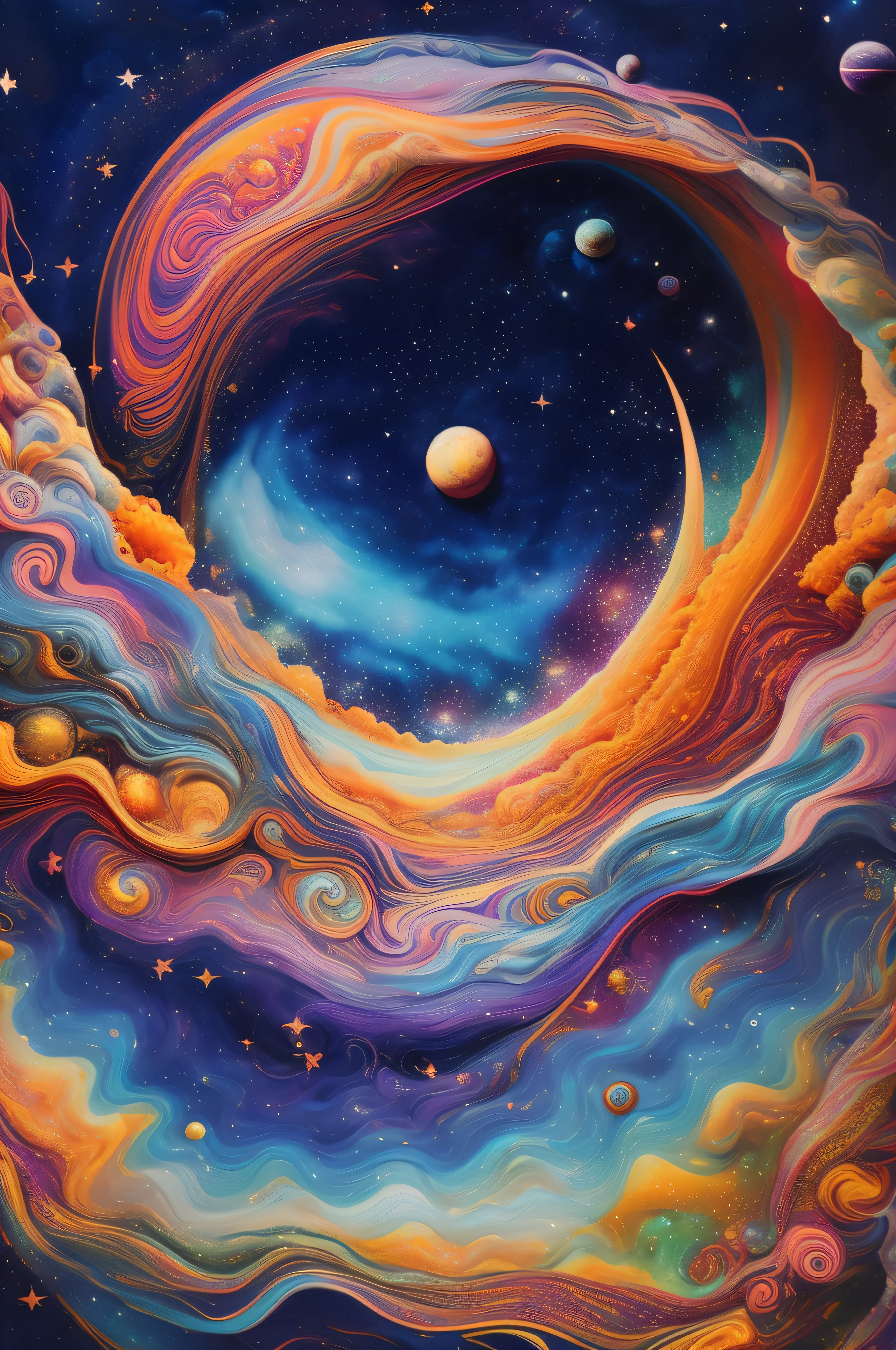 une peinture d&#39;un tourbillon coloré avec des planètes et des étoiles en arrière-plan, cosmique et coloré, cosmos aquatique tourbillonnant, paysage de rêve détaillé, espace surréaliste, portail vers l&#39;espace, art surréaliste psychédélique, naissance de l&#39;univers, juste une blague, Des vagues psychédéliques infinies, univers psychonaute, art visionnaire hyper détaillé, couleurs de l&#39;espace, couleurs cosmiques, vaste cosmos, dans le cosmos
