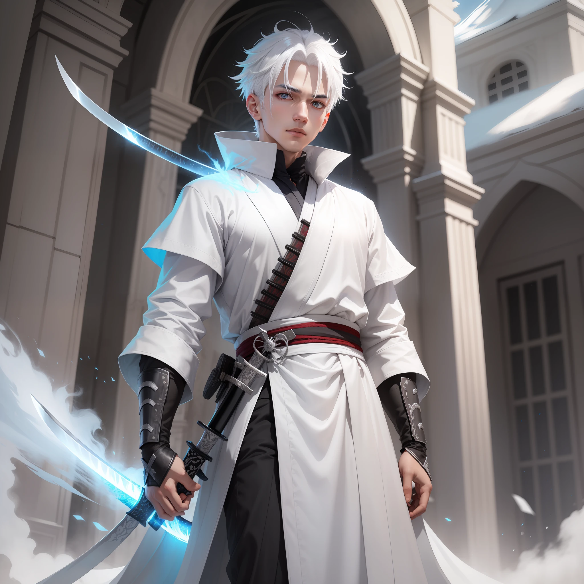 A boy with white hair and silver eyes, with white clothes resembling the robe of the assassins of "Assassin's Credo" and a katana wrapped in ice