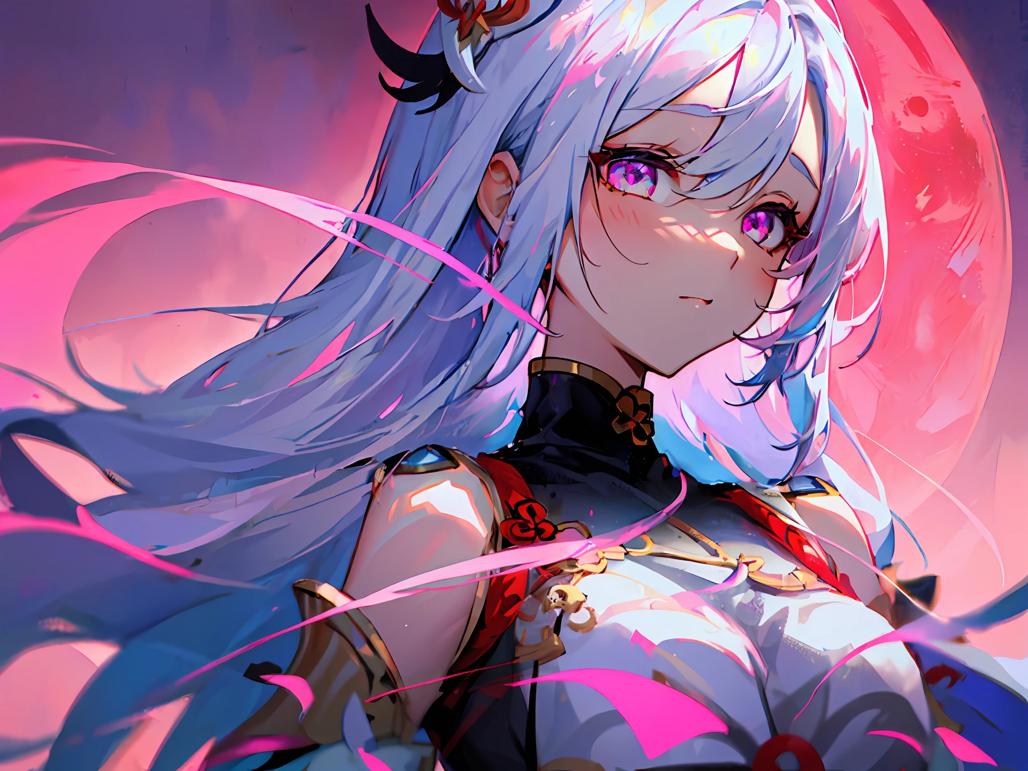 masterpiece, high quality, 1girl, shenhe \(genshin impact\), bare shoulder, long hair, white hair, blue and pink eyes, night, outdoor, ice, red moon, cool, cinematic lighting,