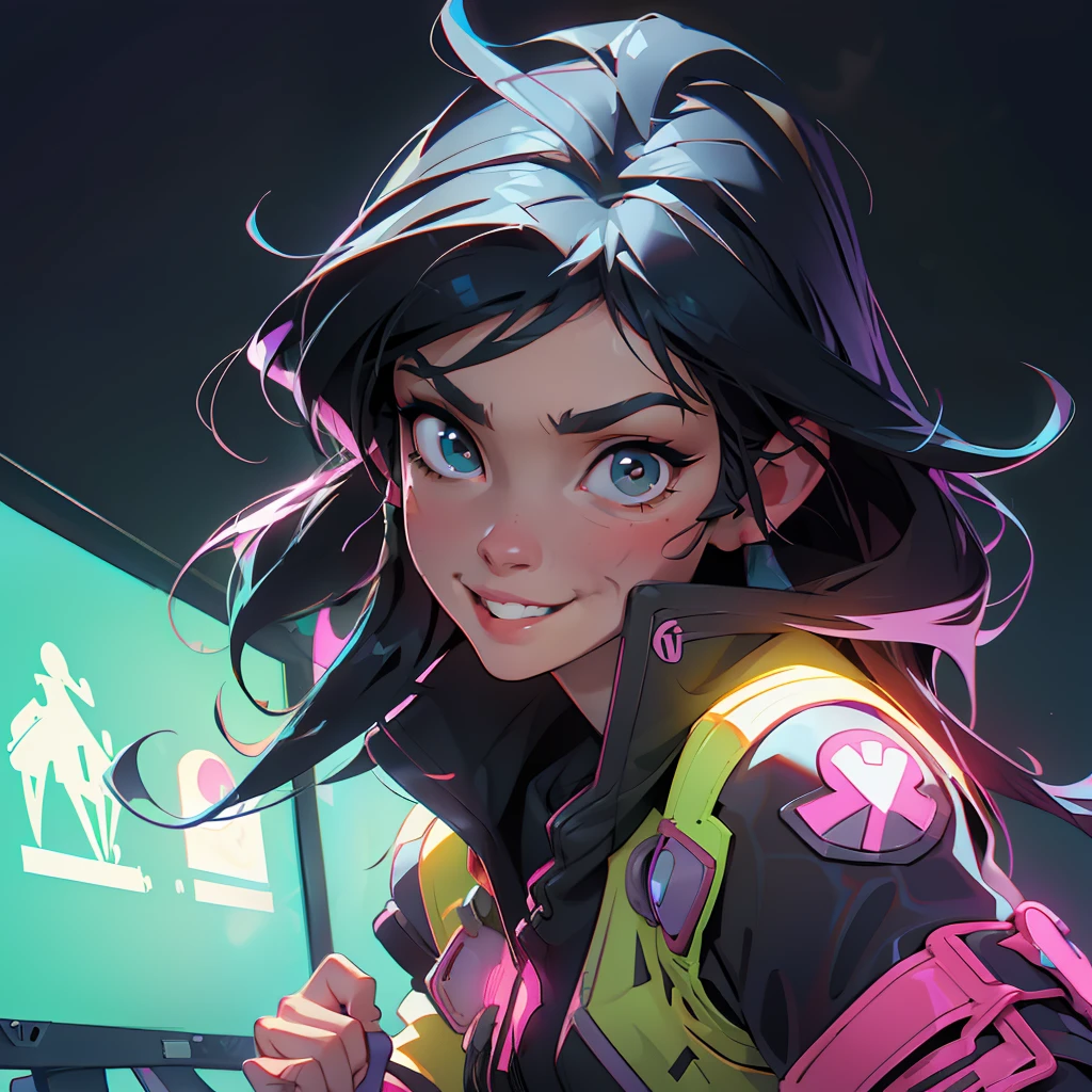 Create a girl with long messy black hair and brown eyes, dancing happily listening to music on headphones, closeup half body, expression of amusement, smiling cheerful, gamer,, monitor,in a bedroom setting with neon lights, good quality, perfect anatomy, 8k, masterpiece, by (Holaxes), long hair, messy hair, neon, headphones,  cyberpunk, neon purple, neon yellow, neon blue, cyberwave, best character design