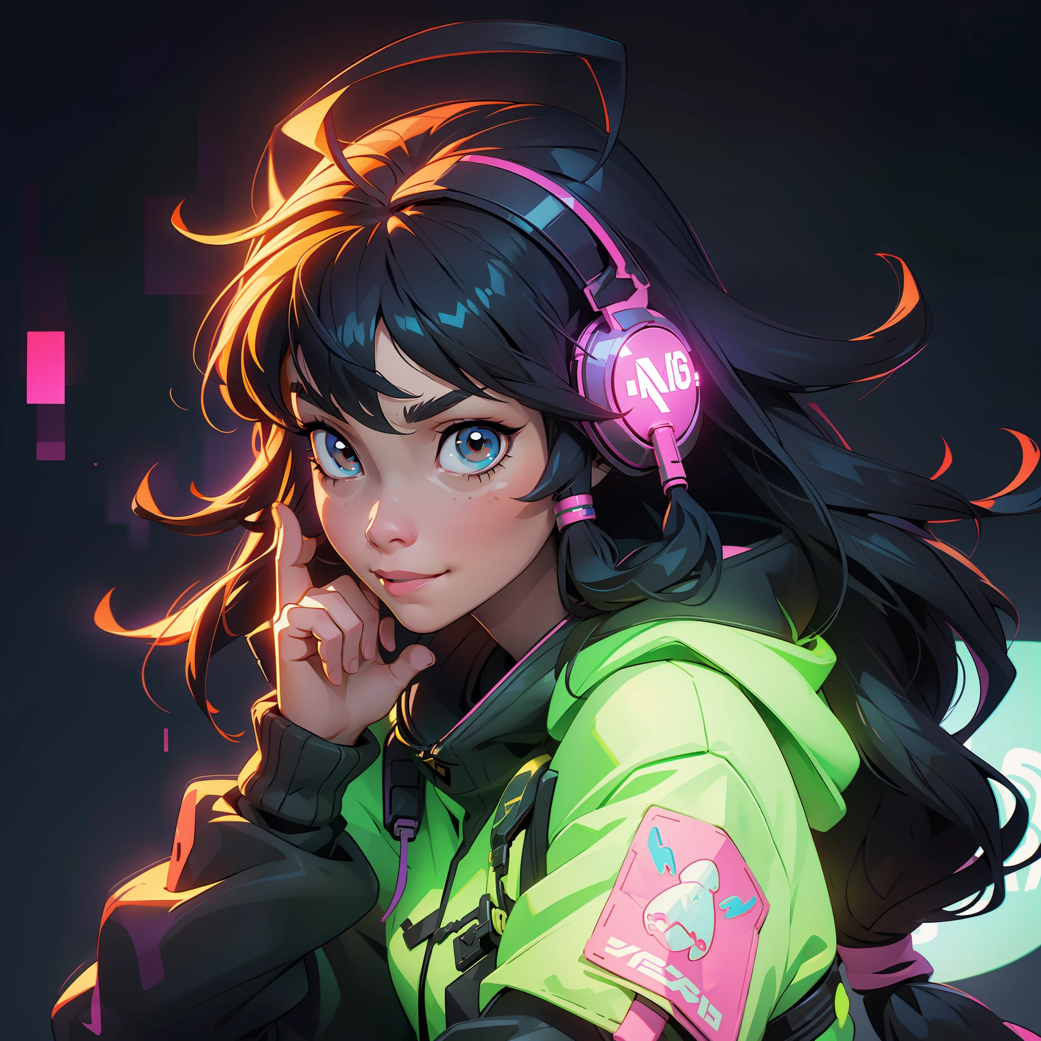 Create a girl with long messy black hair and brown eyes, smiling, fun expression, hands holding headphones, listening to music, dj pose, gamer,, monitor, night time, good quality, perfect anatomy, 8k, masterpiece, by (Holaxes), long hair, messy hair, neon, headphones, cyberpunk, neon purple, neon yellow, neon blue, cyberwave, best Character Design