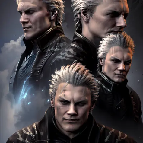 1 man, vergil, white hair combed back, katana in right hand, serious look more amused, arrogant smile, view from below, intimida...